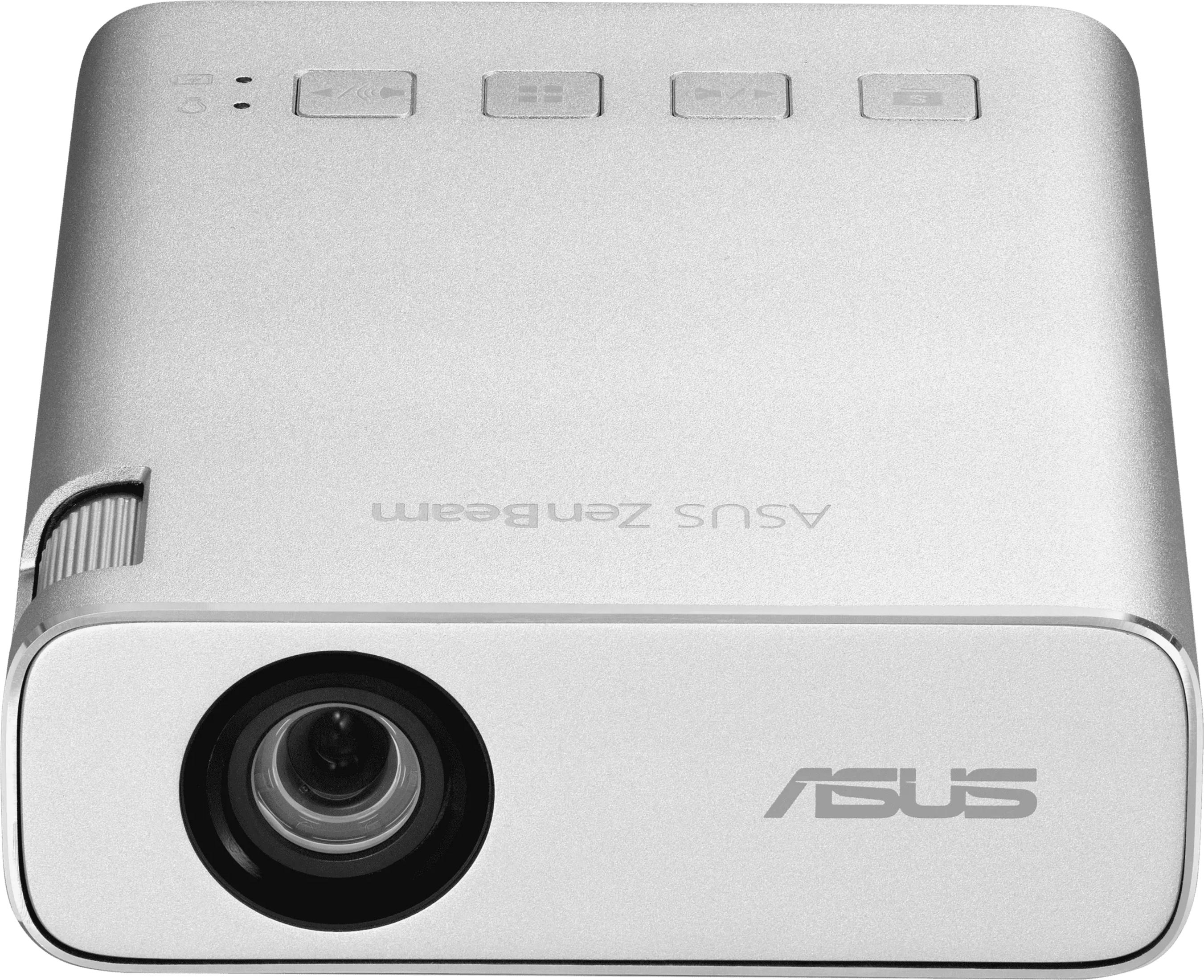 Proyector Asus ZenBeam plateado con lente frontal y botones superiores.
