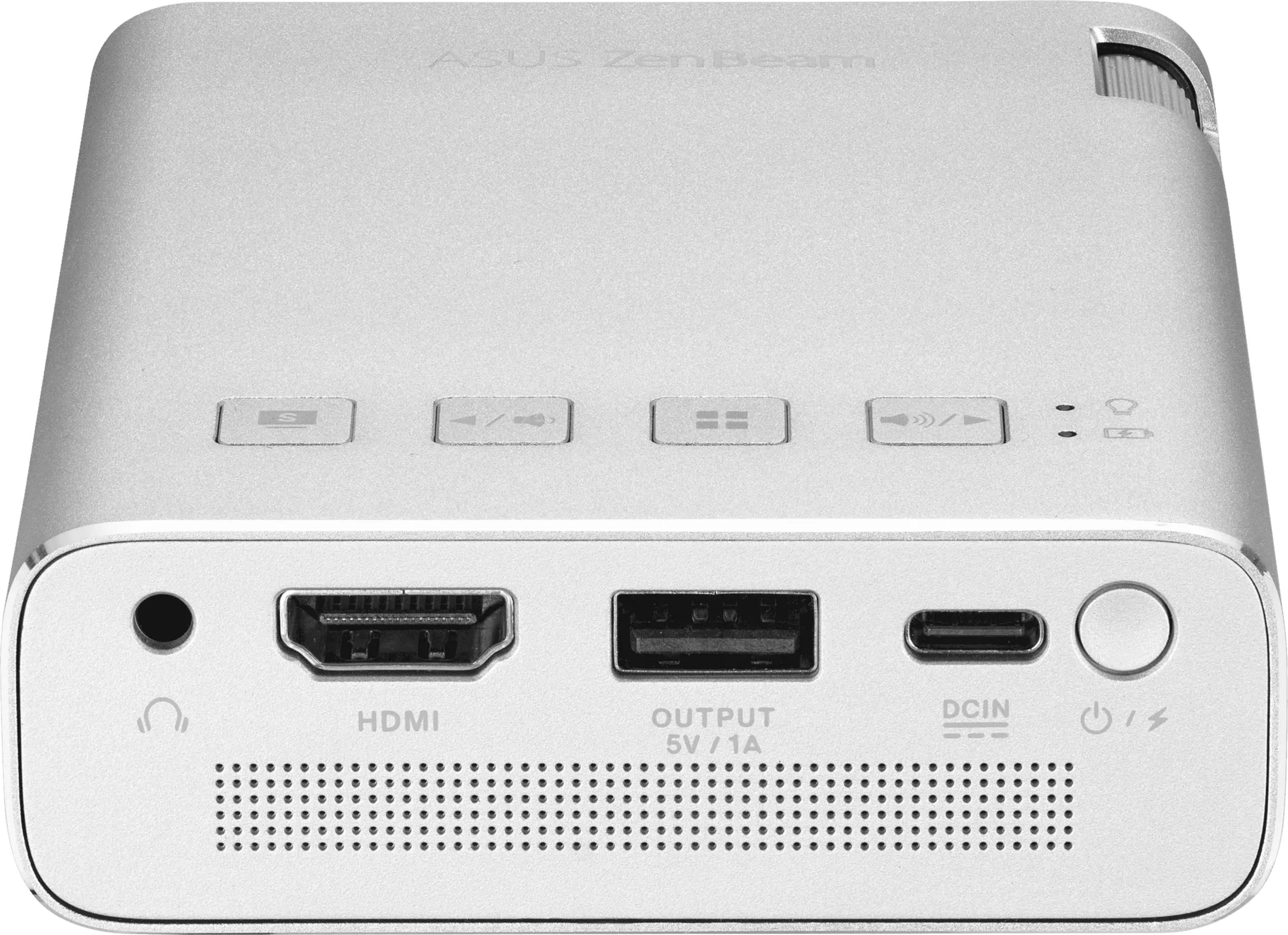 Proyector ASUS ZenBeam plateado con puertos: auriculares, HDMI, USB, DCIN.