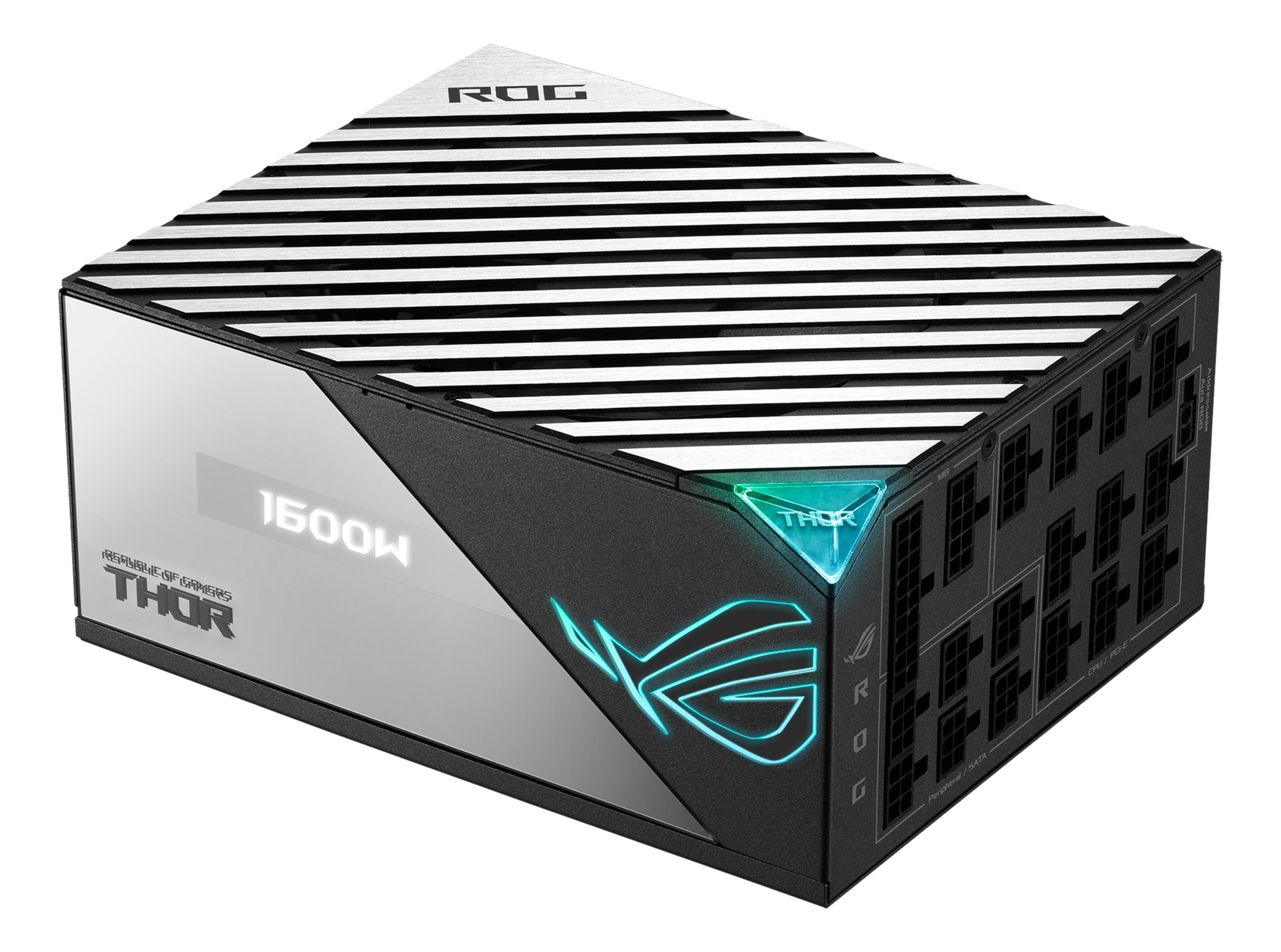 Un alimentatore nero con strisce argentate e illuminazione RGB.