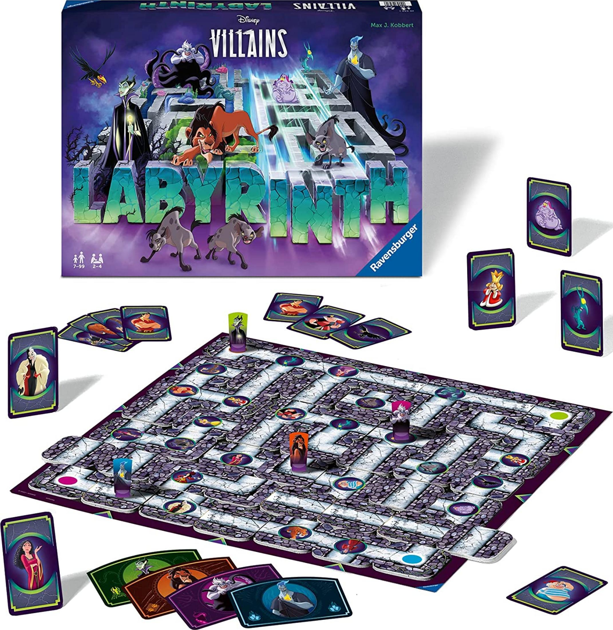 Gra planszowa Disney Villains Labyrinth z figurkami i kartami na białym tle.