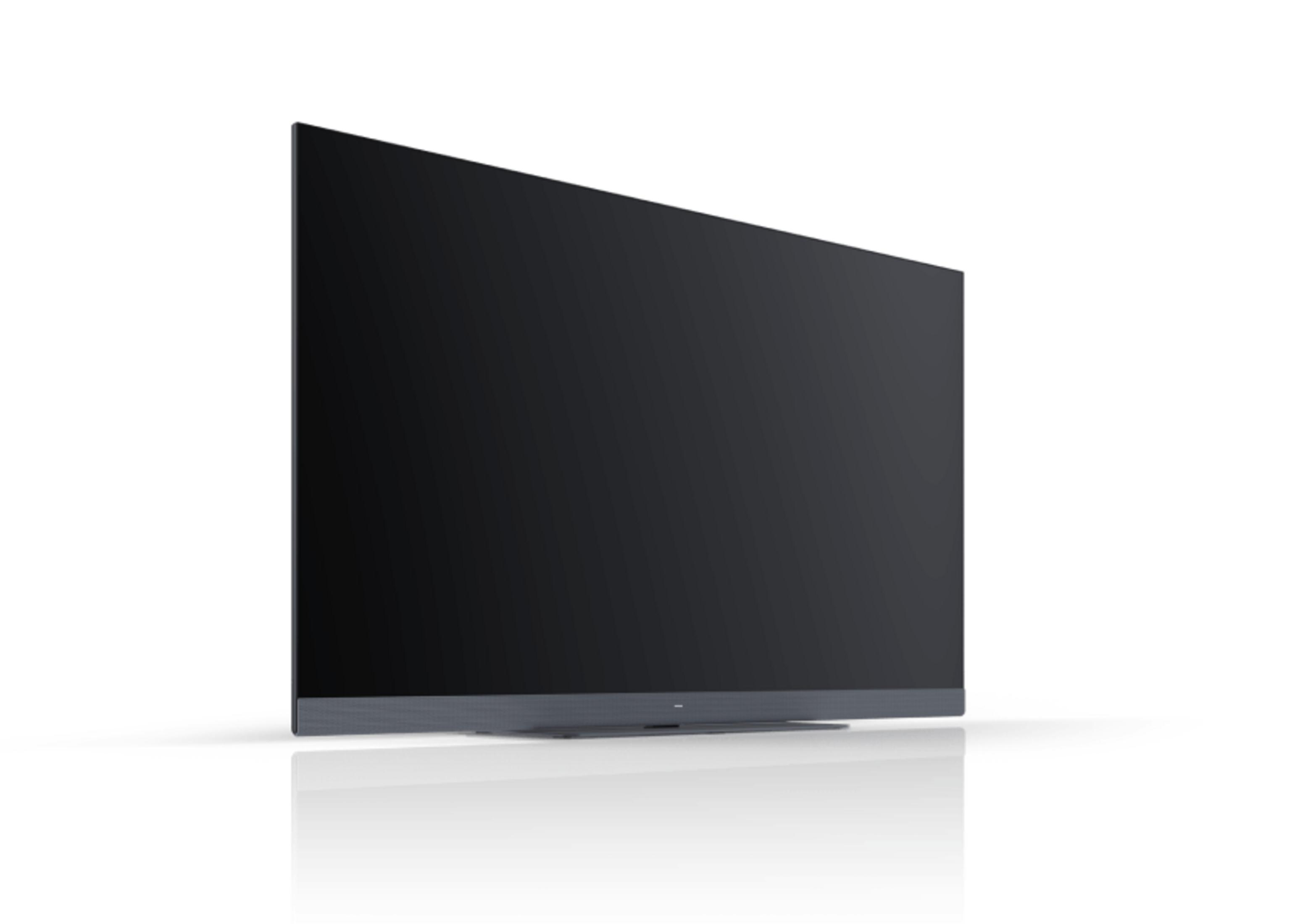 Un televisor elegante y oscuro sobre fondo blanco con reflejo.