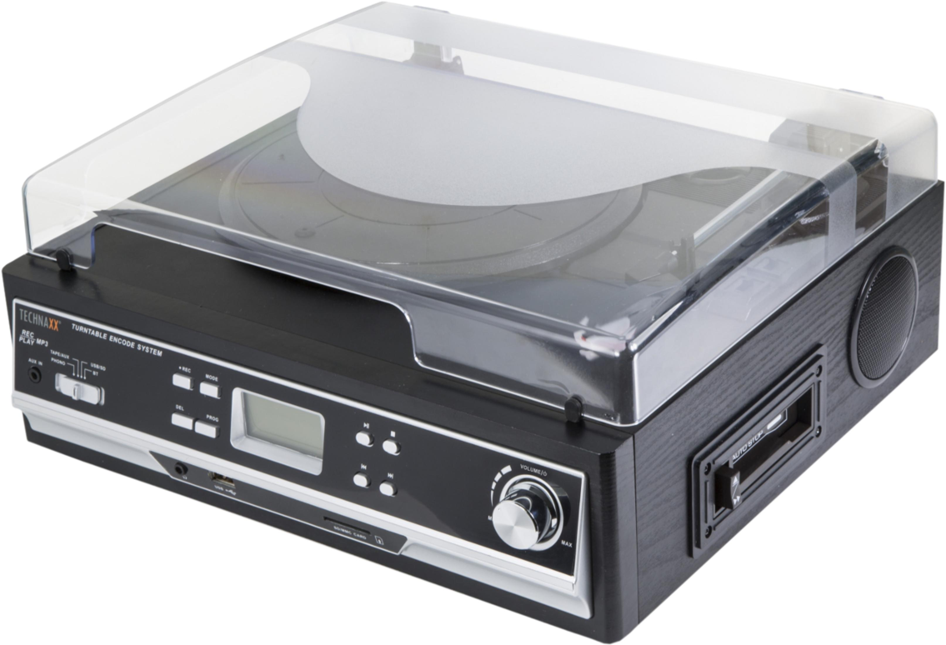 Tocadiscos negro con tapa transparente y panel de control. Incluye REC, PLAY MP3.