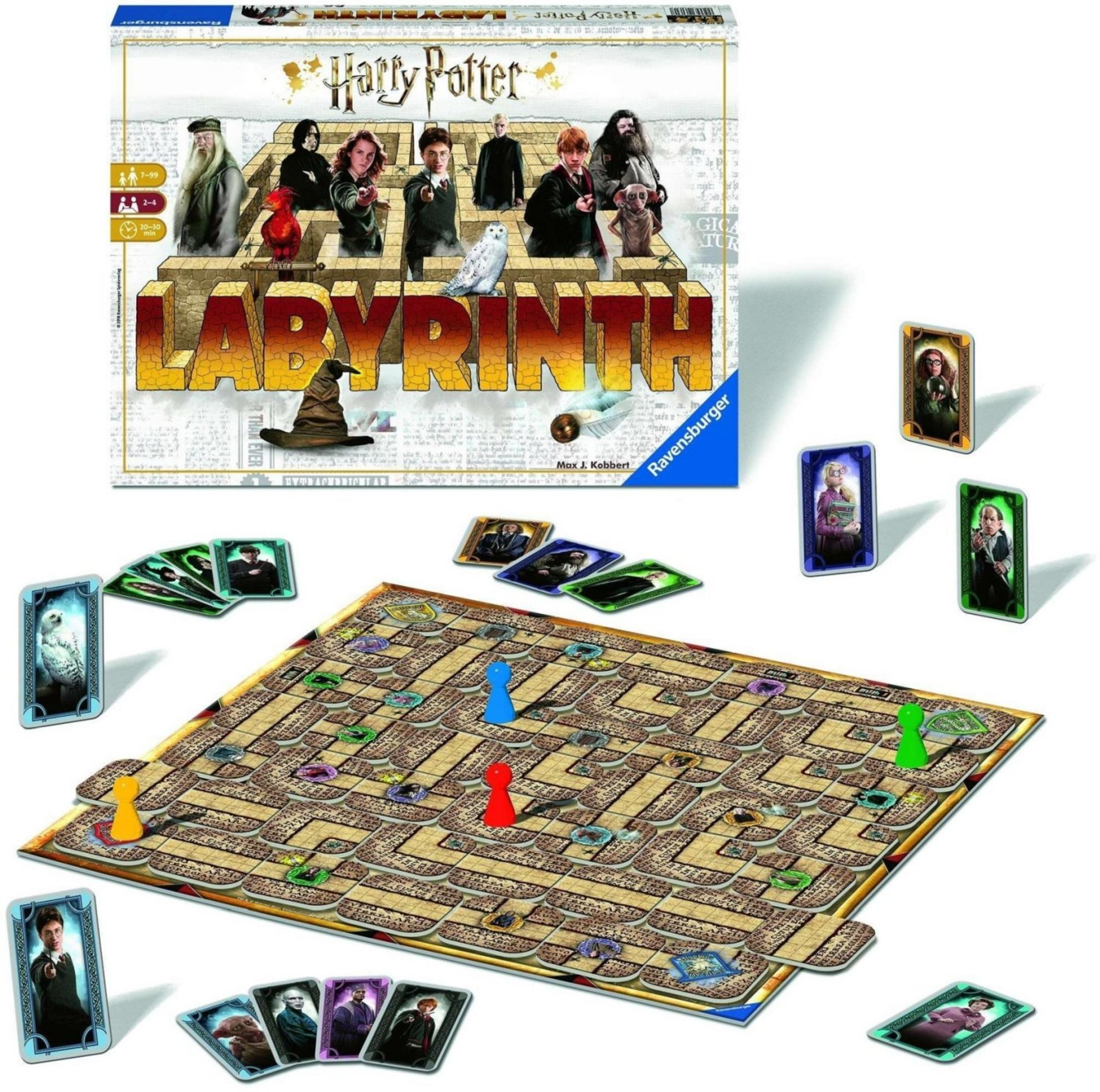 Harry Potter Labyrinth Spielbrett mit Figuren, Karten und Spielschachtel.