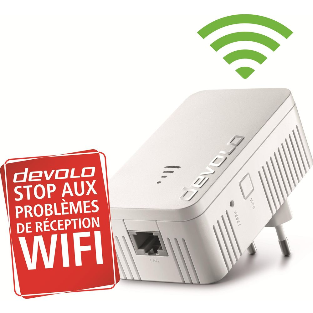 Répéteur WiFi blanc avec panneau rouge et symbole WiFi.