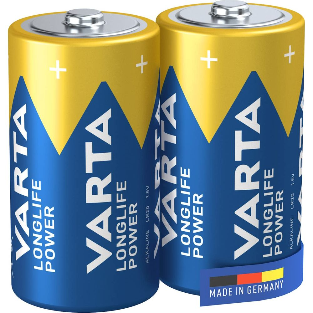 Two Varta LR20 alkaline batteries with yellow and blue design, 1.5V.