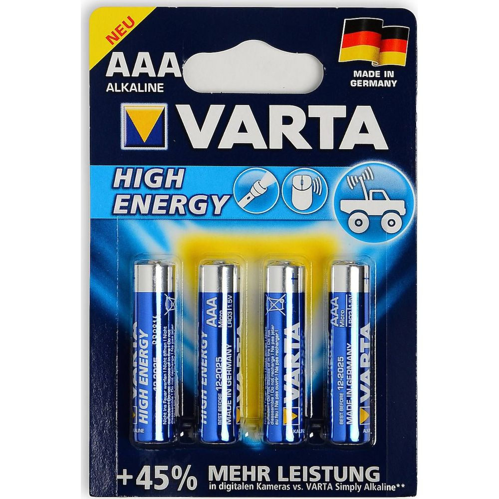 Varta AAA alkaline batterijen, 4-pack, hoge energie, Made in Germany.
