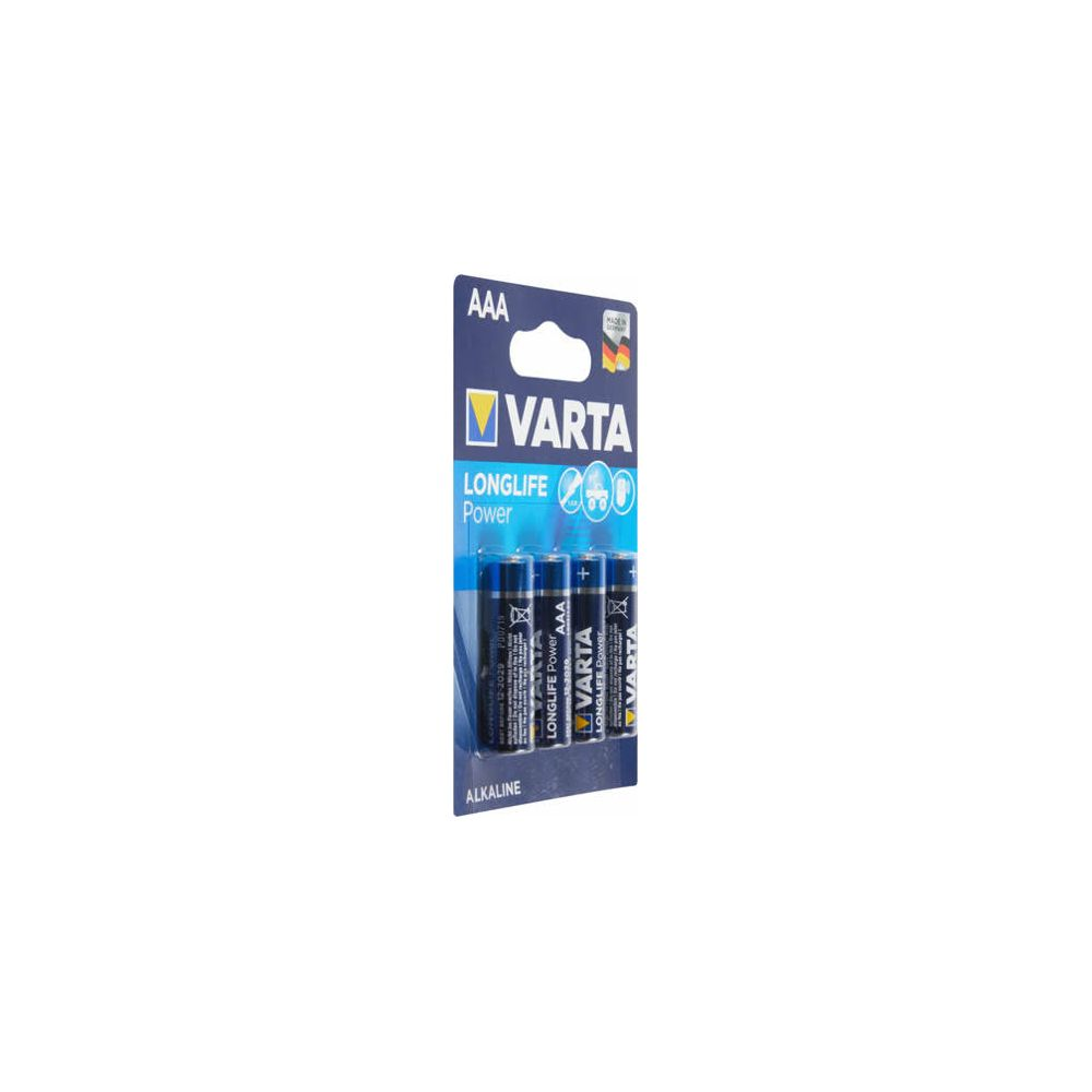 Varta AAA Longlife Power batterijen in een 4-pack op witte achtergrond.