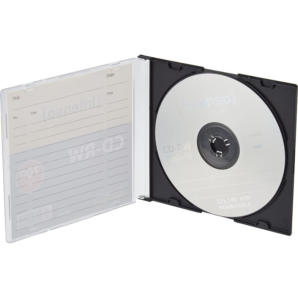 Otwarte pudełko na płytę CD-RW z srebrnym dyskiem. Po lewej stronie znajduje się wkładka na etykietę.