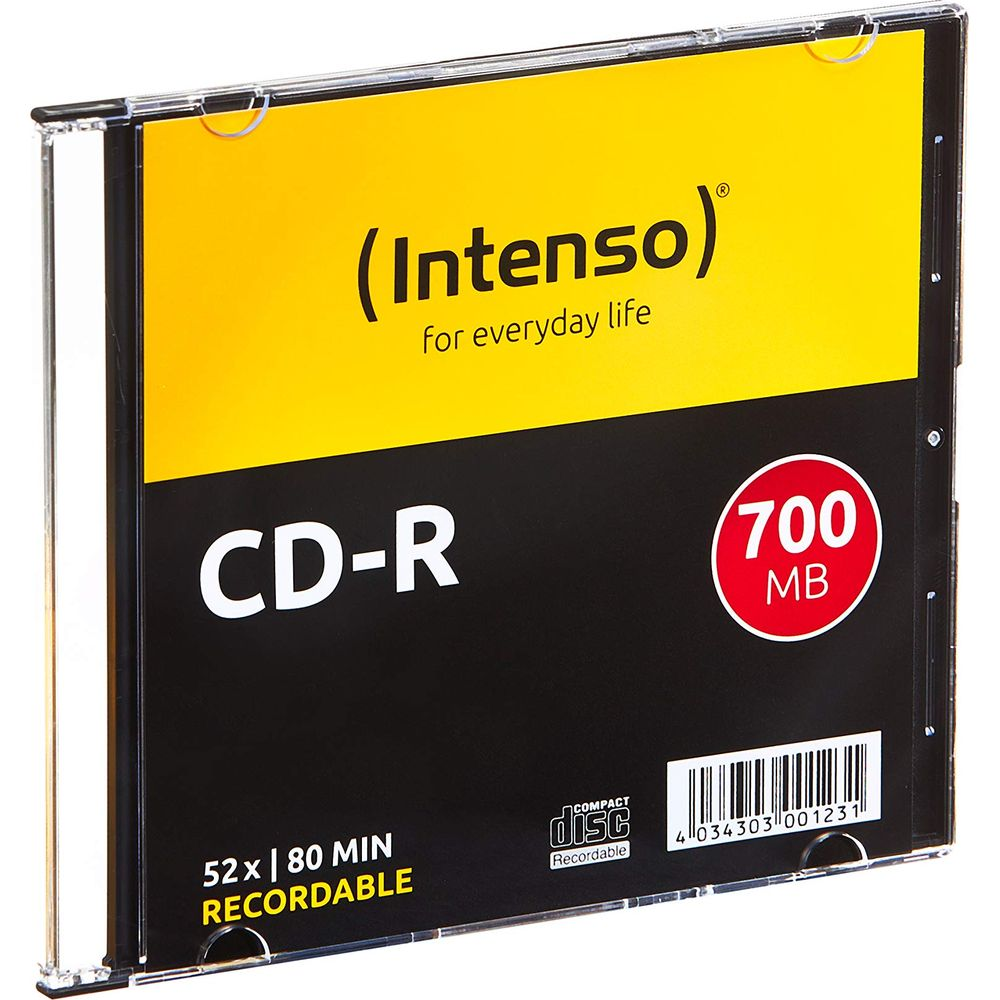 Etui Intenso CD-R z żółtą i czarną etykietą. 700MB, 52x, 80 Min.