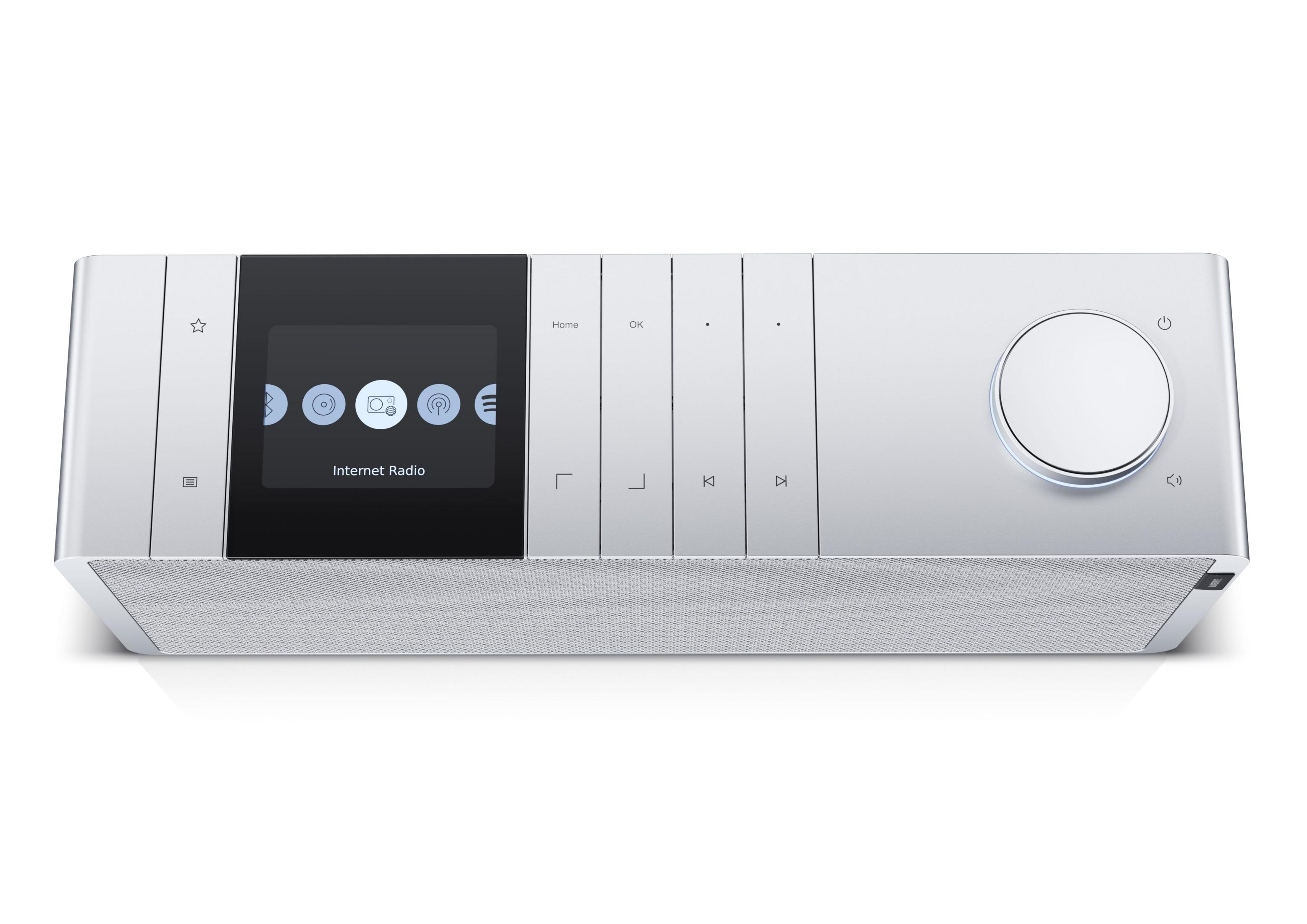 Srebrne radio internetowe z ekranem dotykowym i dużym pokrętłem.