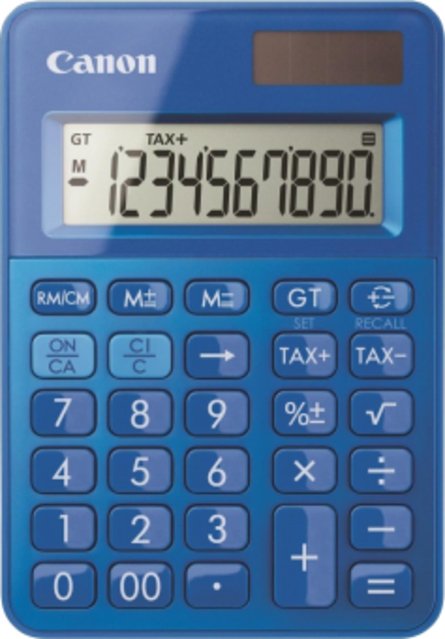 Niebieski kalkulator Canon z wyświetlaczem solarnym i przyciskami.