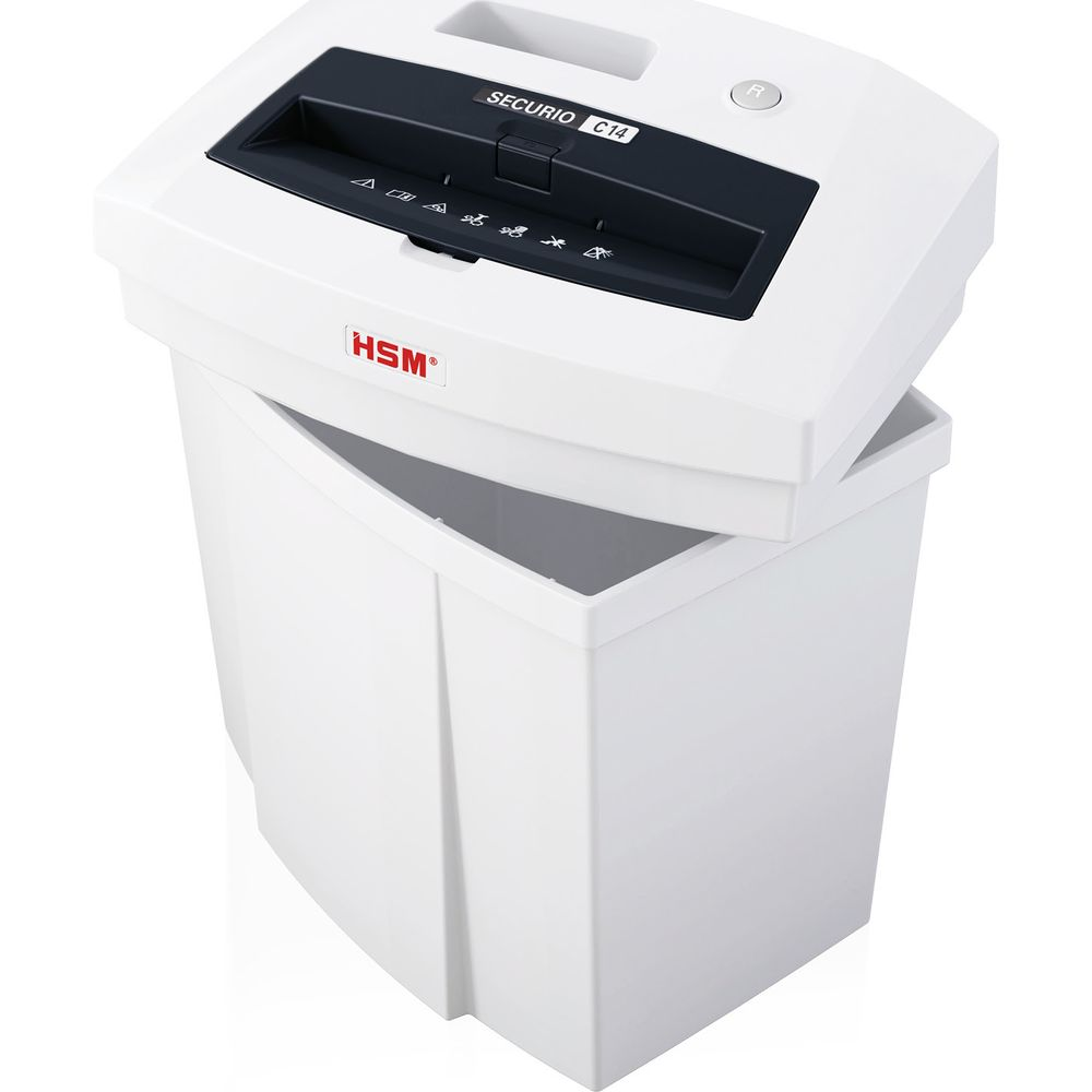 Biała niszczarka do papieru z logo HSM i napisem Securio C14.
