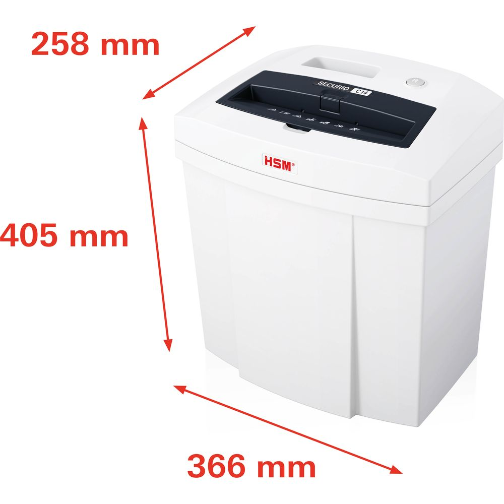 Biała niszczarka HSM Securio C14 o wymiarach 258x405x366 mm.