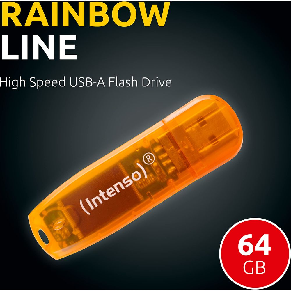 Pomarańczowy pendrive Intenso USB-A, 64 GB, z napisem "Rainbow Line".