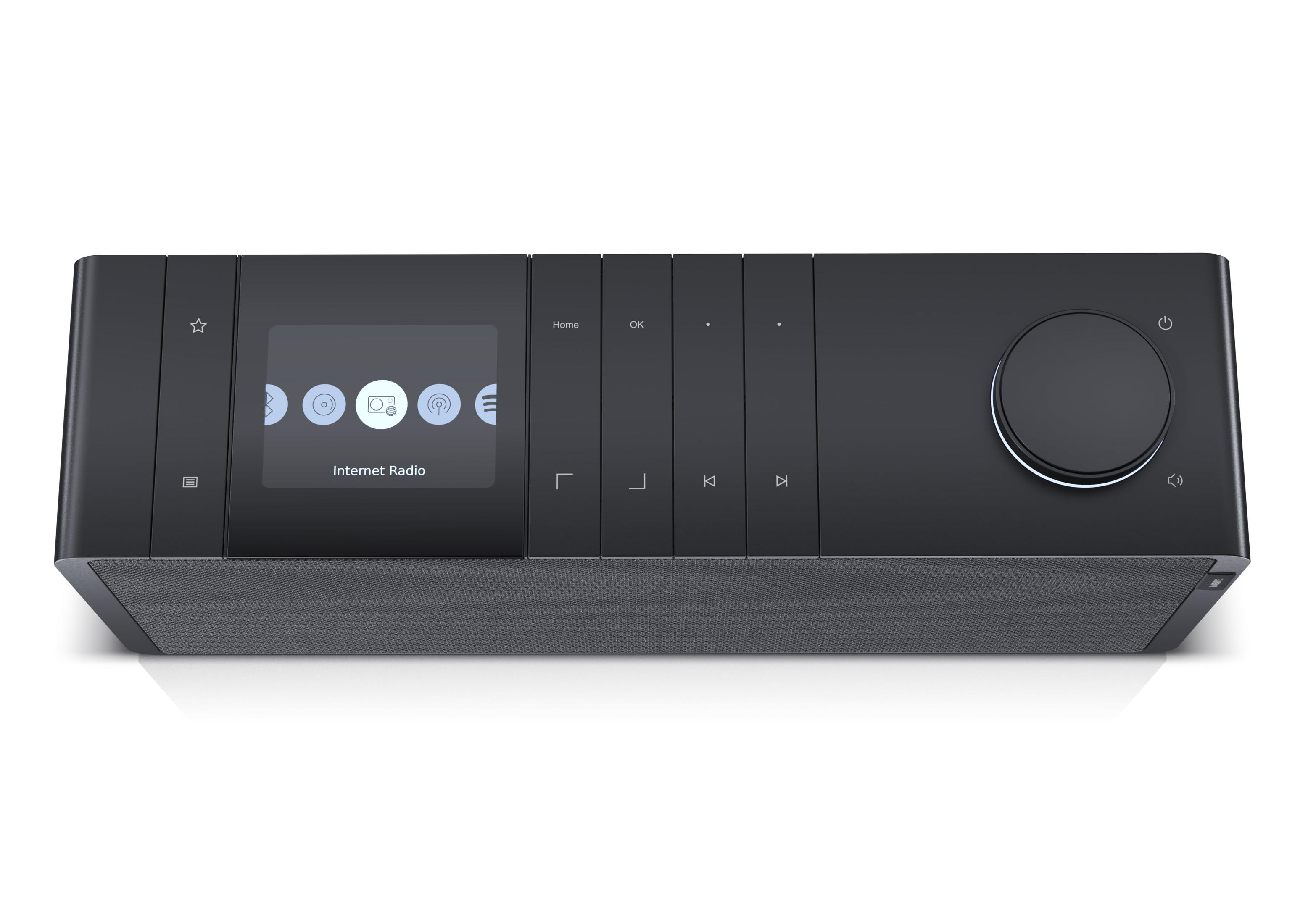 Czarny radio internetowe z ekranem dotykowym, pokrętłem i kratką głośnika.