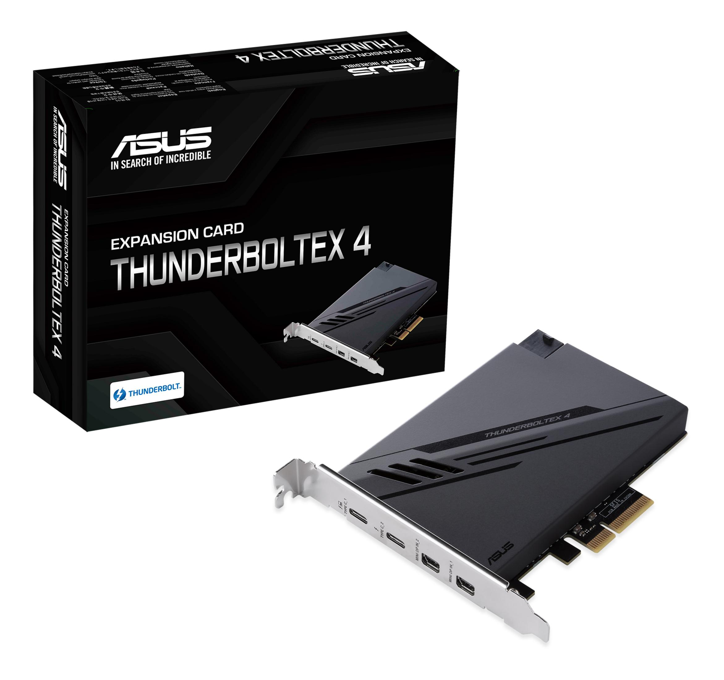 Scheda di espansione ASUS Thunderbolt 4 e la sua confezione su sfondo bianco.