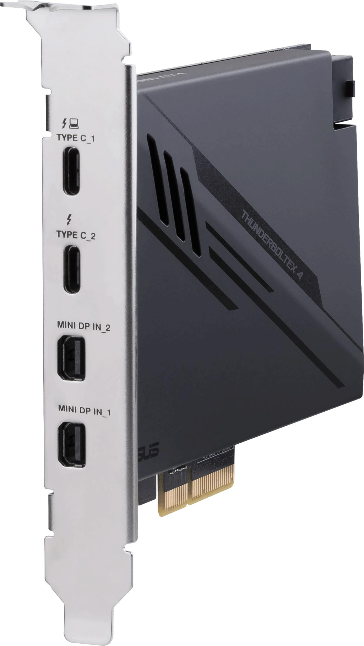 Scheda di espansione Thunderbolt 4 nera con due porte USB-C e due Mini DP.