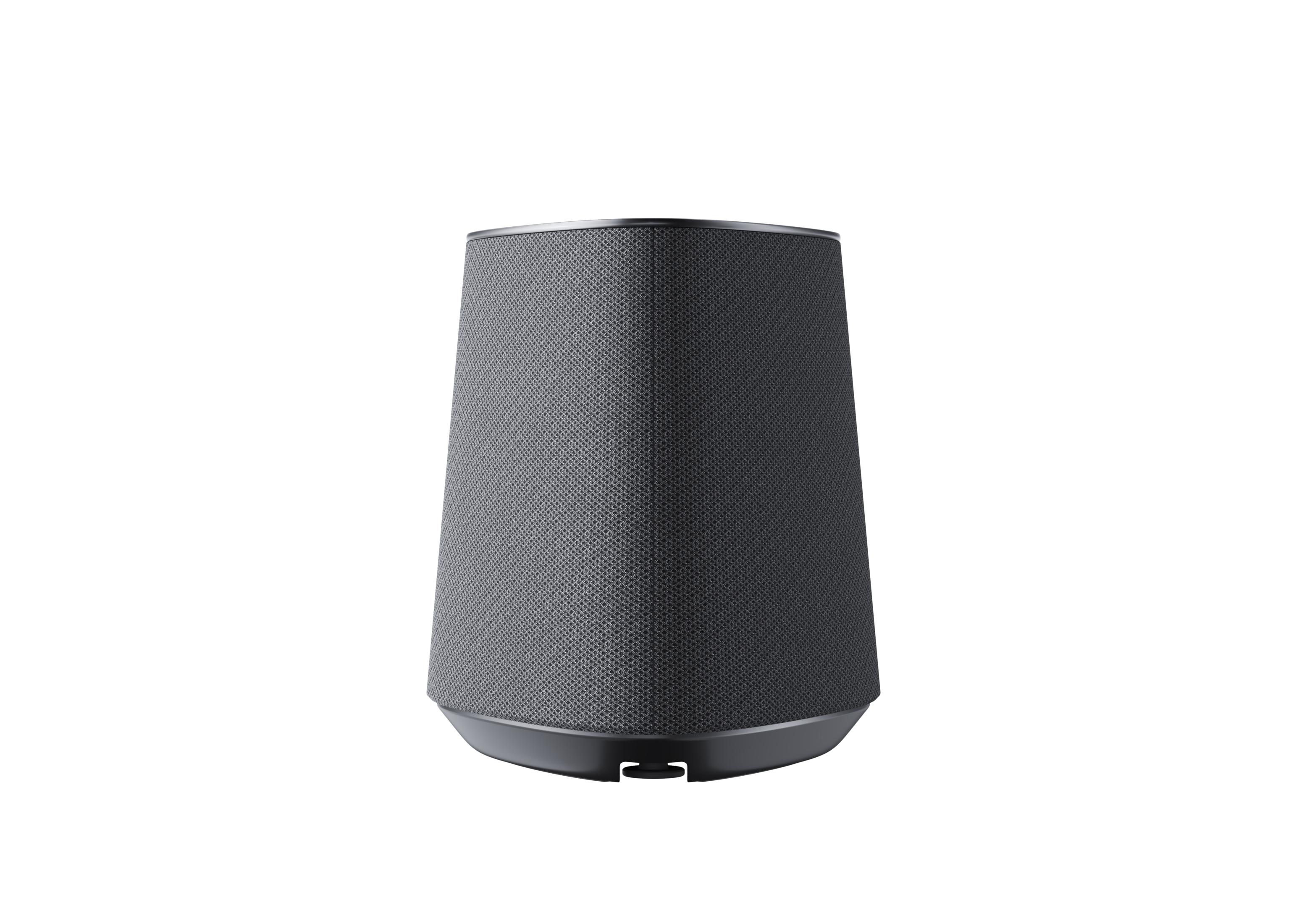 Un altavoz gris y cónico sobre un fondo blanco.