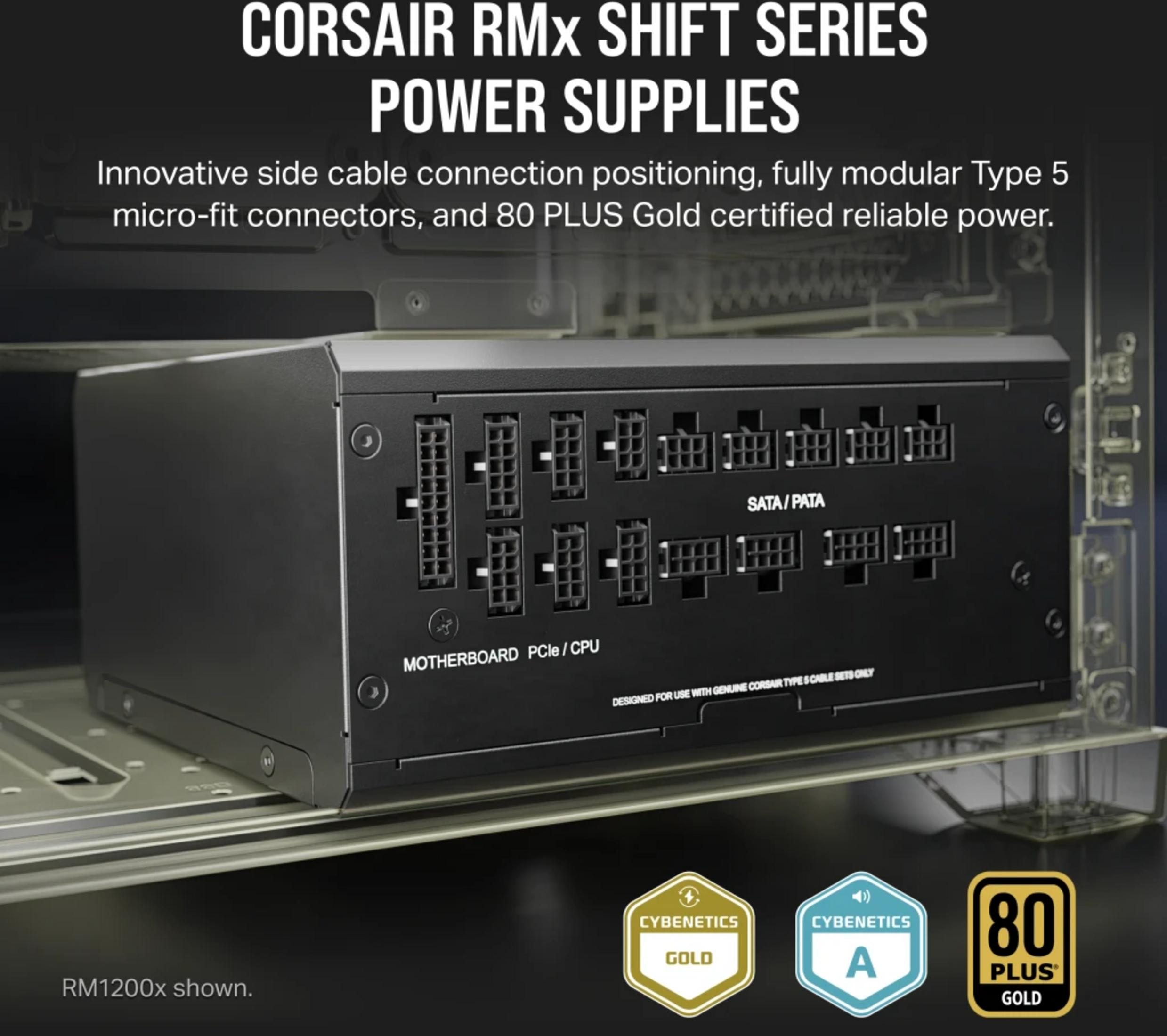 Czarny zasilacz Corsair z bocznymi złączami, 80 PLUS Gold.