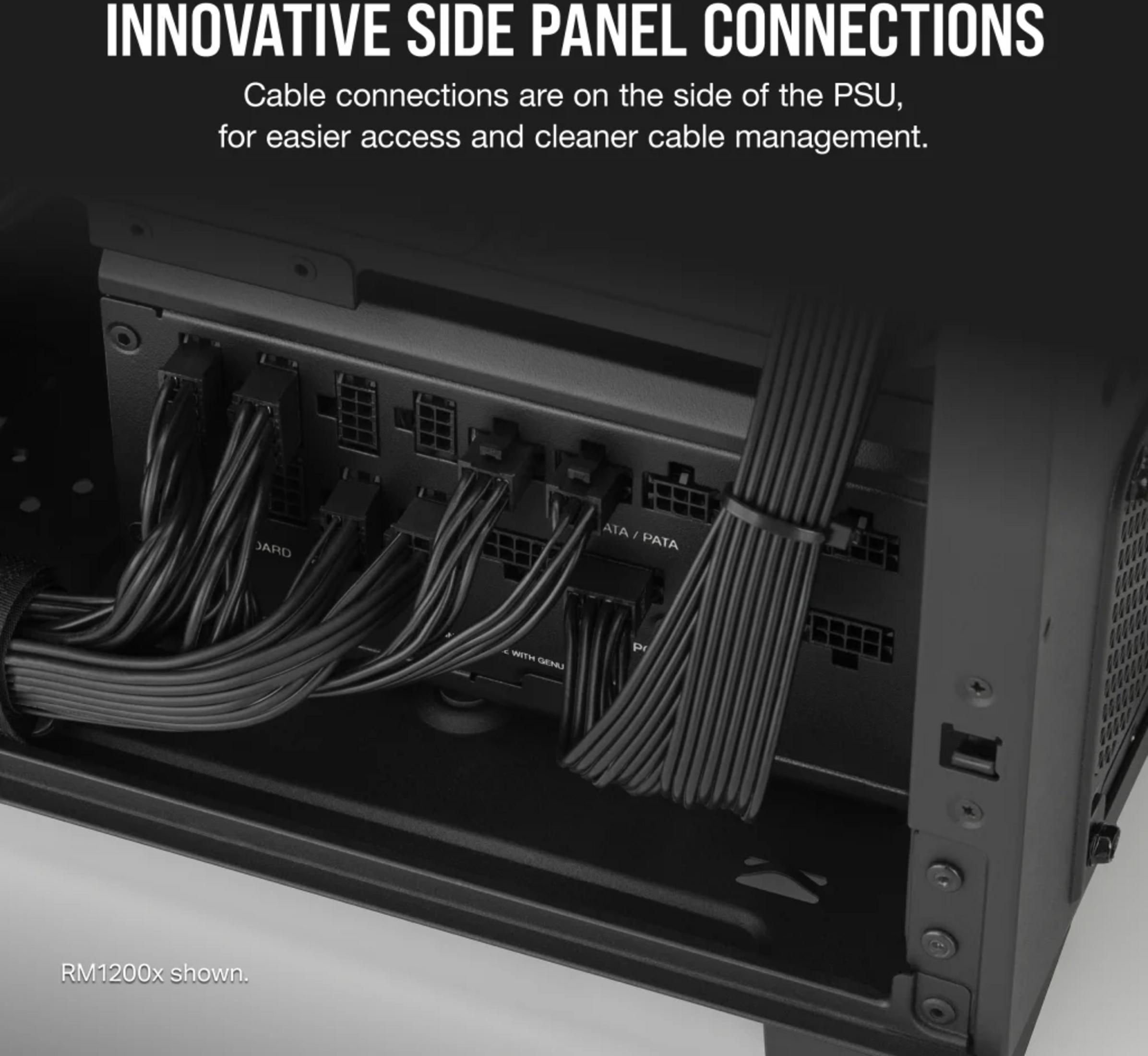 Zasilacz komputerowy z bocznymi złączami i czarnymi kablami, oznaczone 'Motherboard' i 'ATA/PATA'.
