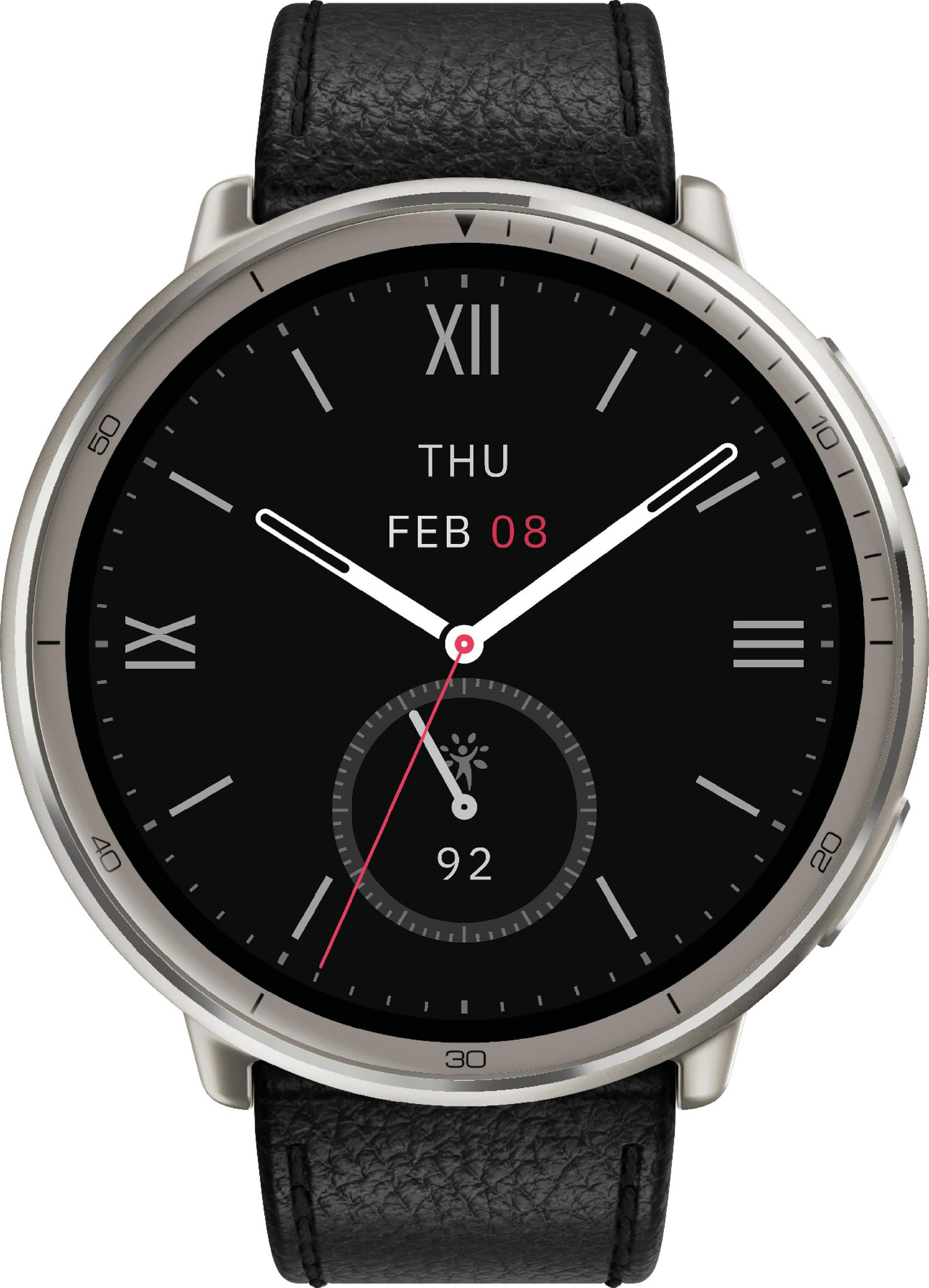 Srebrny smartwatch z czarną tarczą, skórzanym paskiem i datą.