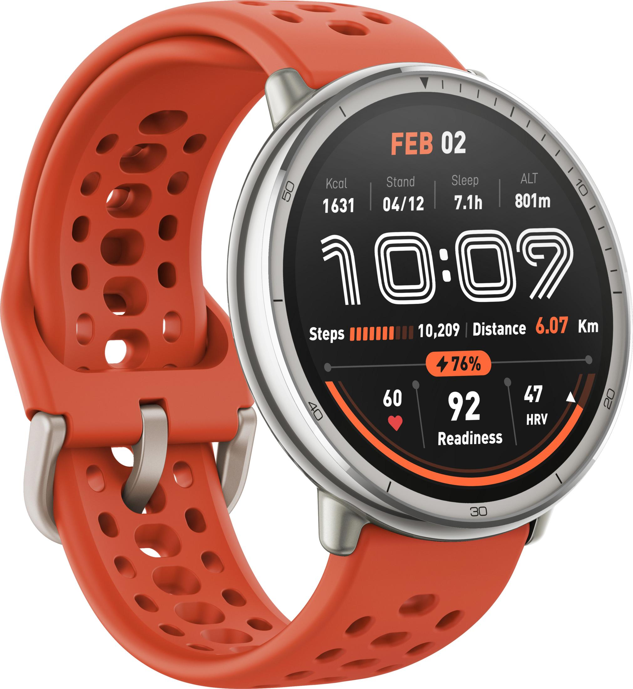 Pomarańczowy smartwatch z srebrną kopertą i paskiem, wyświetlający czas i dane dotyczące kondycji.