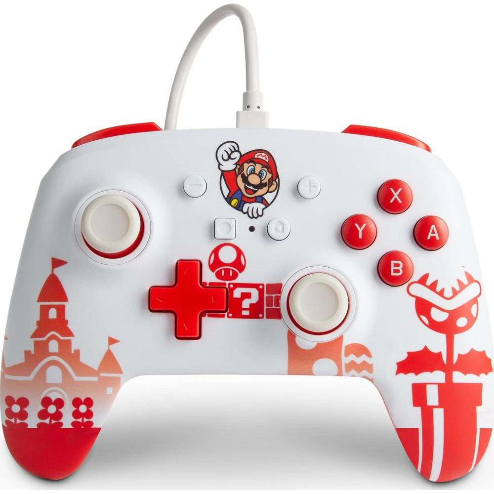 Biały kontroler Nintendo z Mario, czerwonymi przyciskami i grafiką z gry.