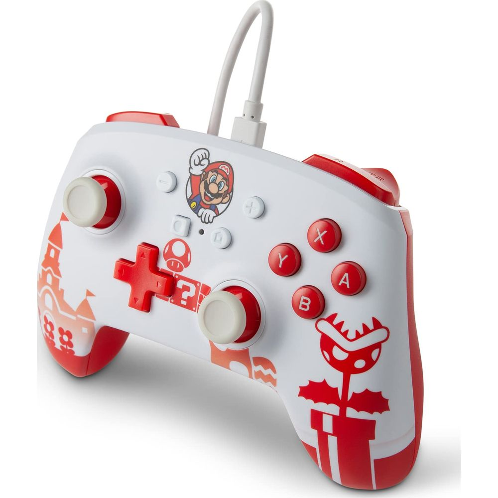 Biały kontroler z czerwonymi akcentami, grafiką Mario i kablem.