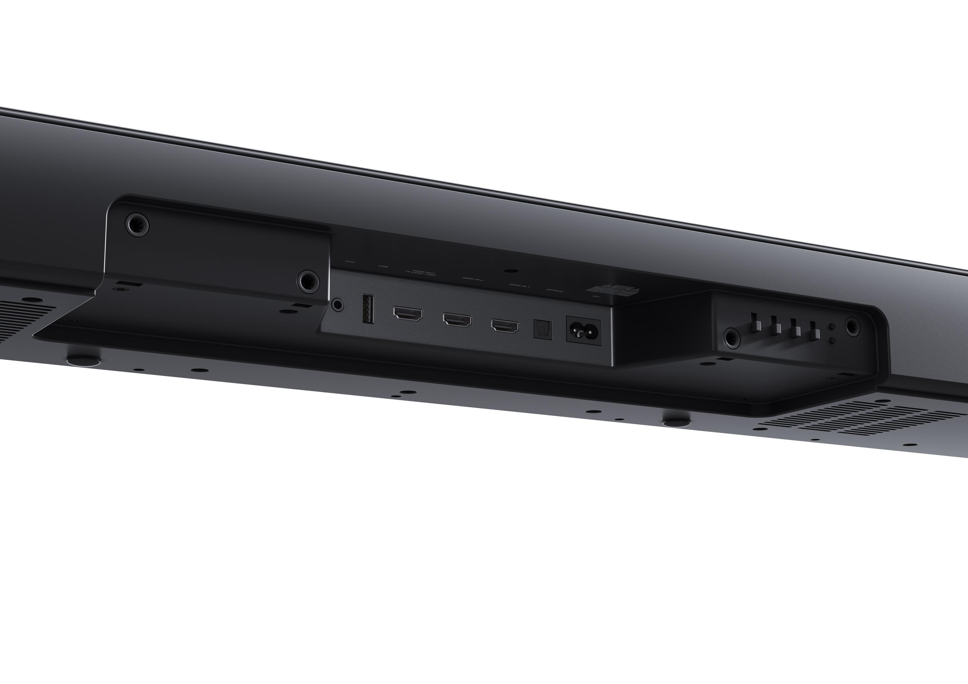Rückseite einer Soundbar mit Anschlüssen: AUX, USB, HDMI, Optisch, Strom.