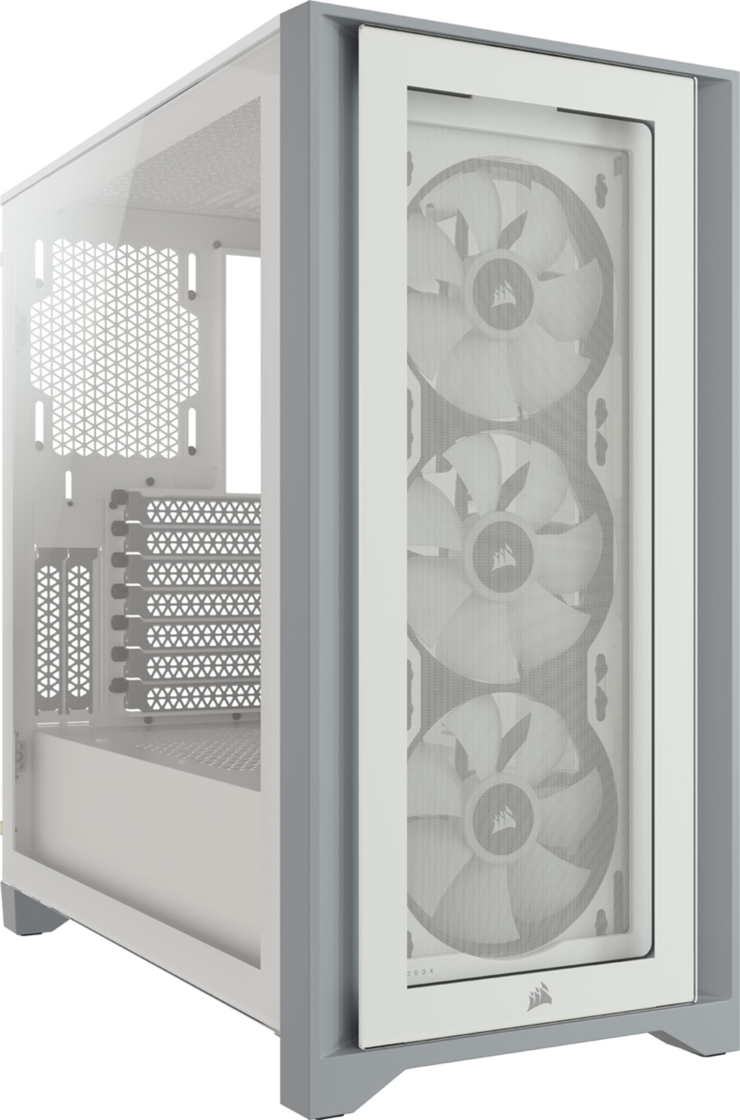 Biała obudowa komputera z szklanym frontem i trzema wentylatorami.