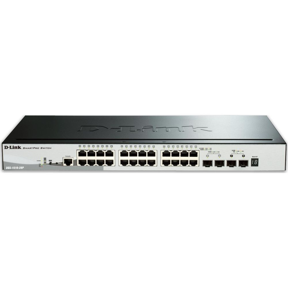Uno switch D-Link SmartPro argentato con molte porte e un display.