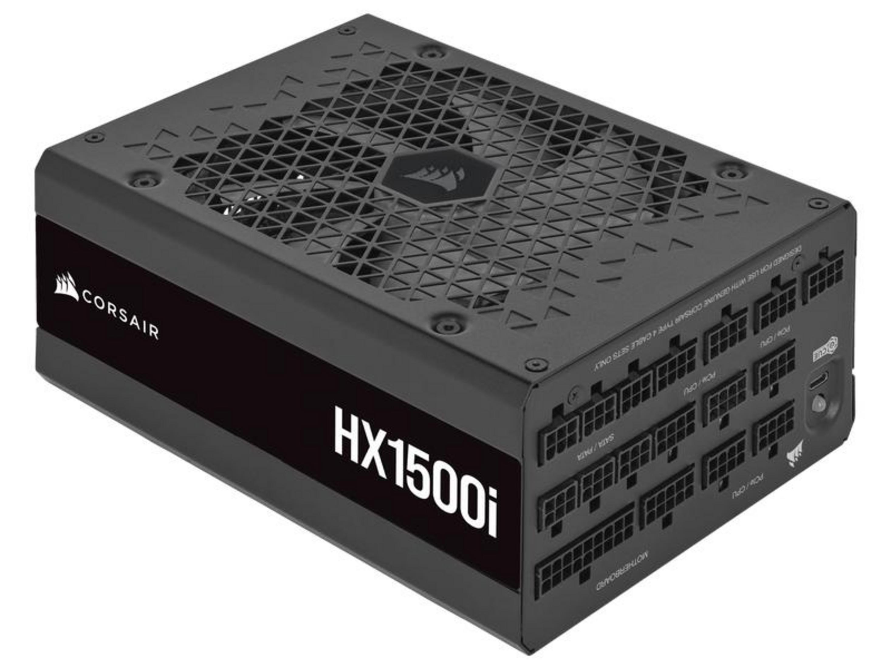 Alimentatore Corsair HX1500i nero con griglia di ventilazione e porte.