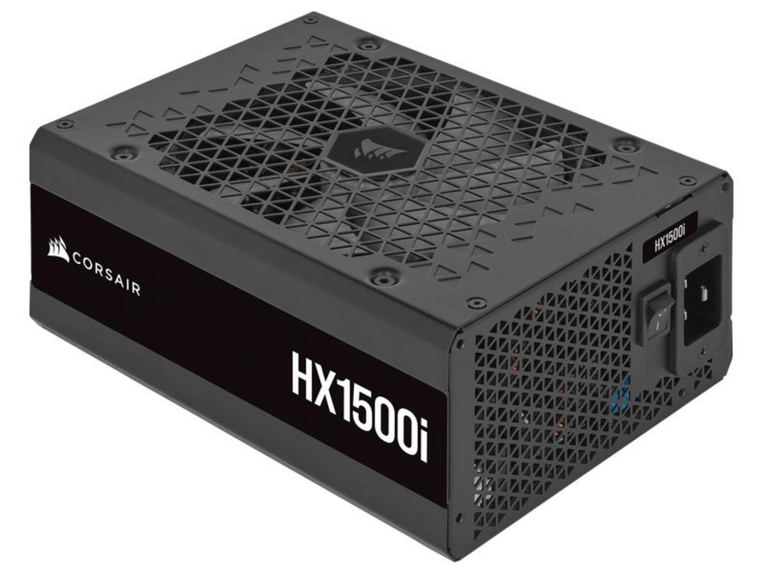 Alimentatore Corsair HX1500i nero con griglia ventola e interruttore.