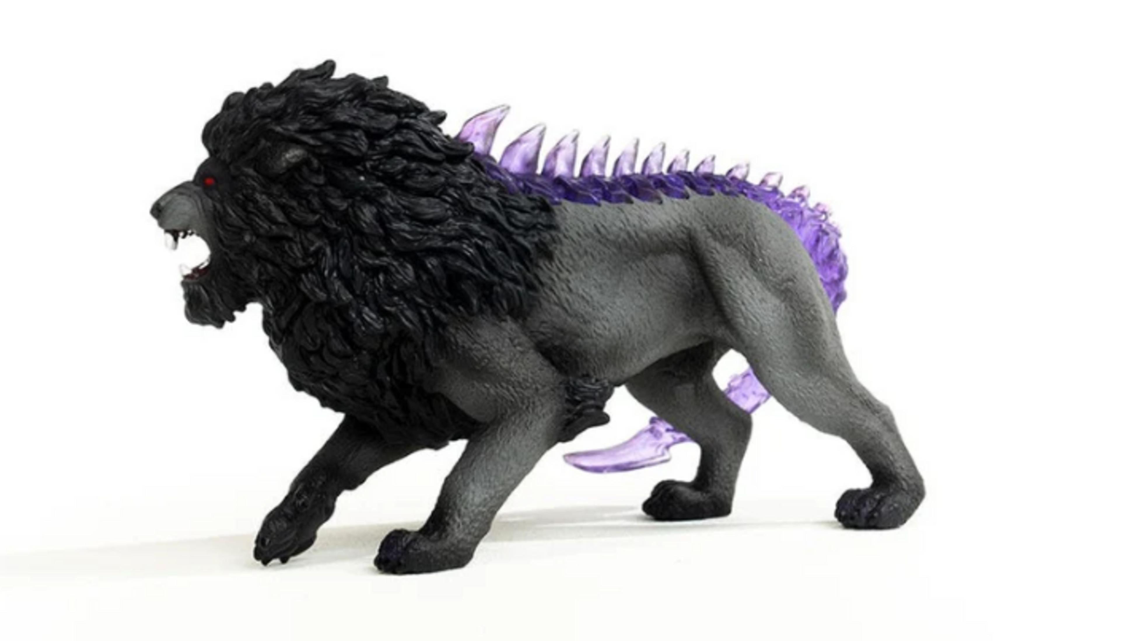 Ciemny lew z fioletowymi kolcami na grzbiecie, czerwone oczy.