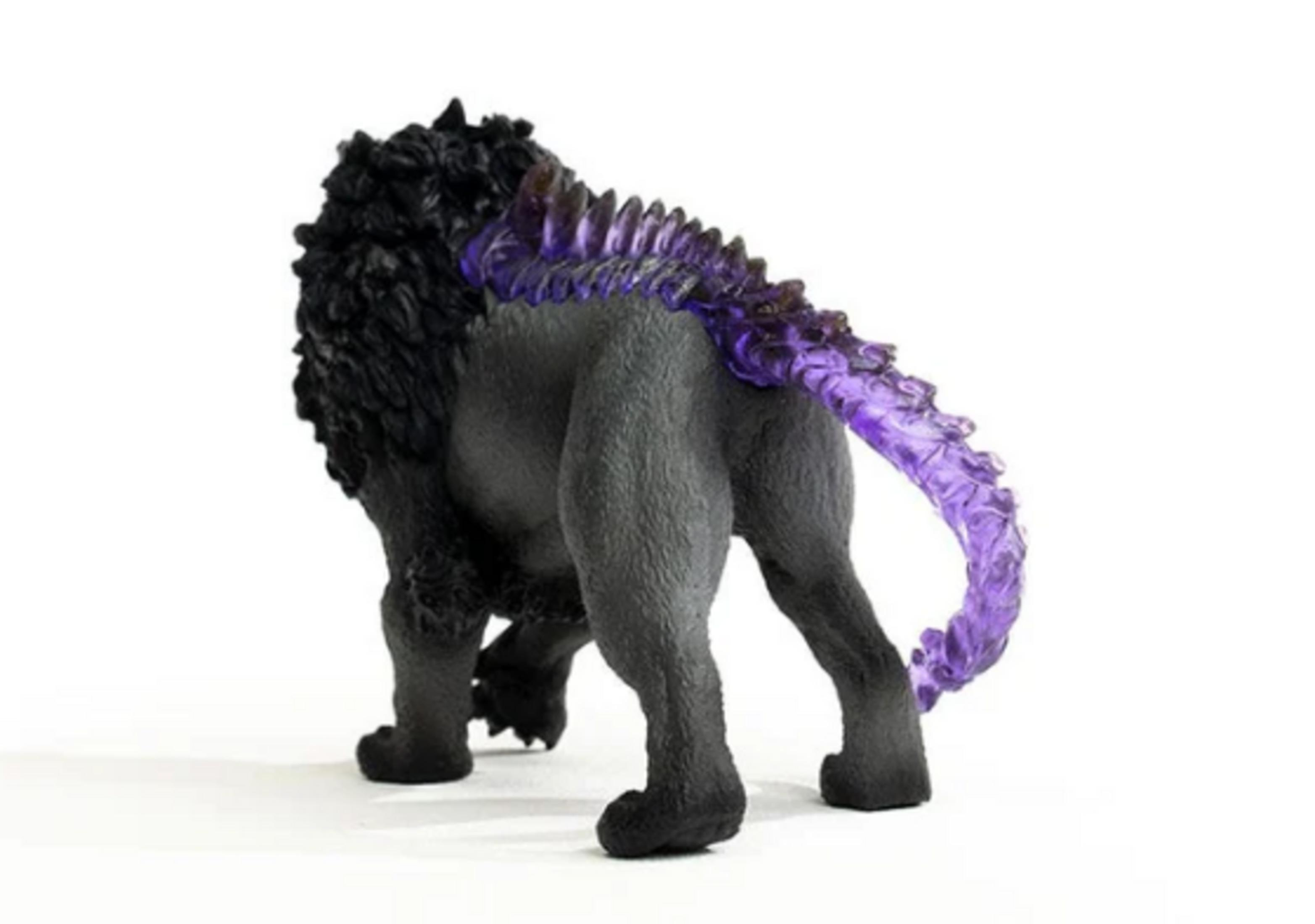 Szary model lwa z czarną grzywą i fioletowym ogonem.