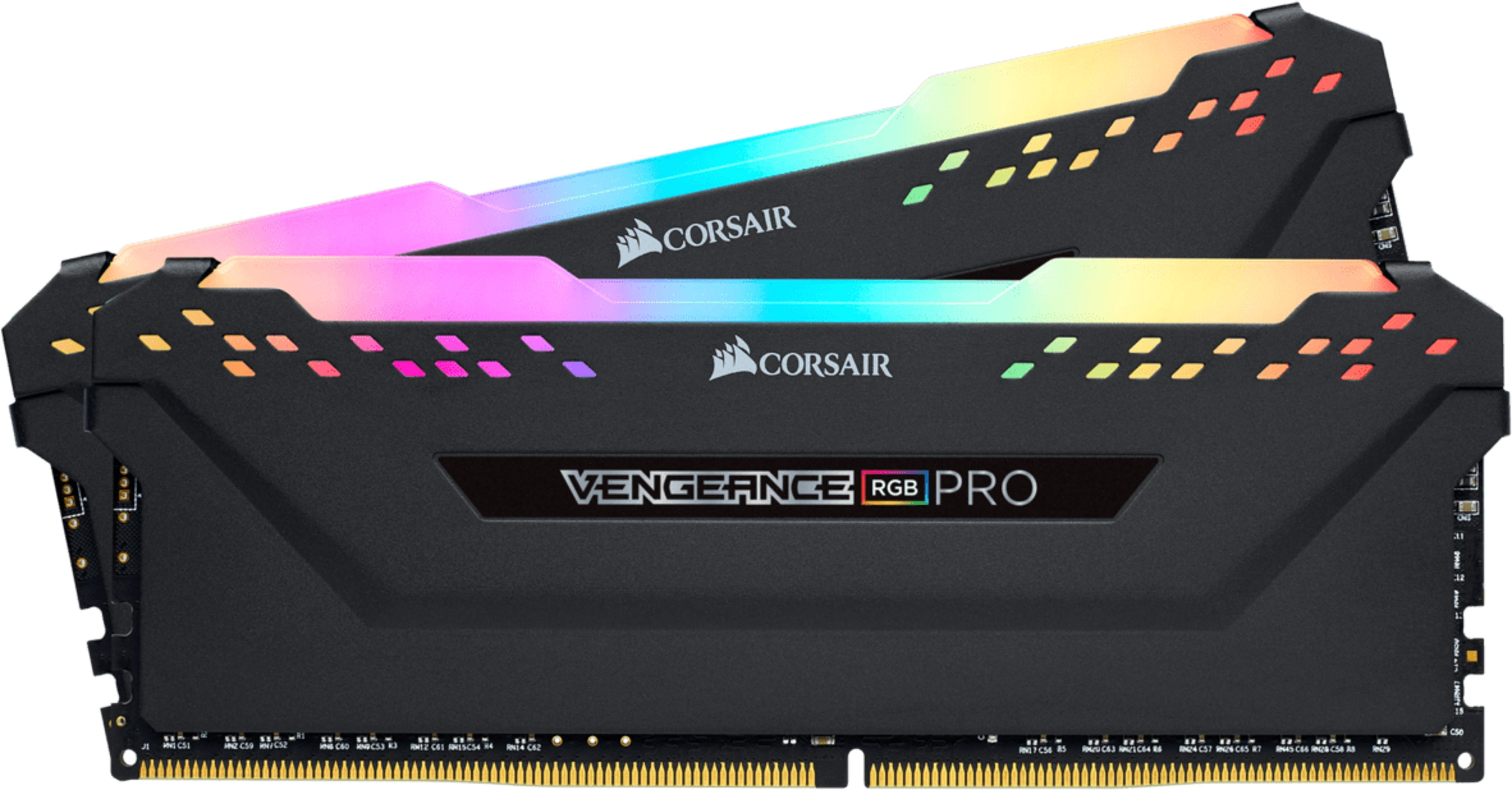 Zwei schwarze Corsair Vengeance RGB Pro RAM-Module mit bunten LEDs.