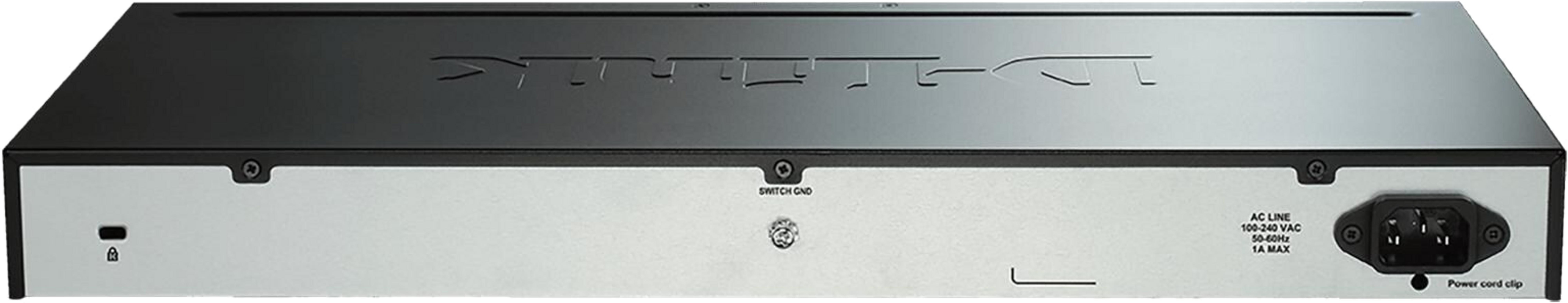 Die Rückseite eines schwarzen Servers mit Anschlüssen und Beschriftungen.
