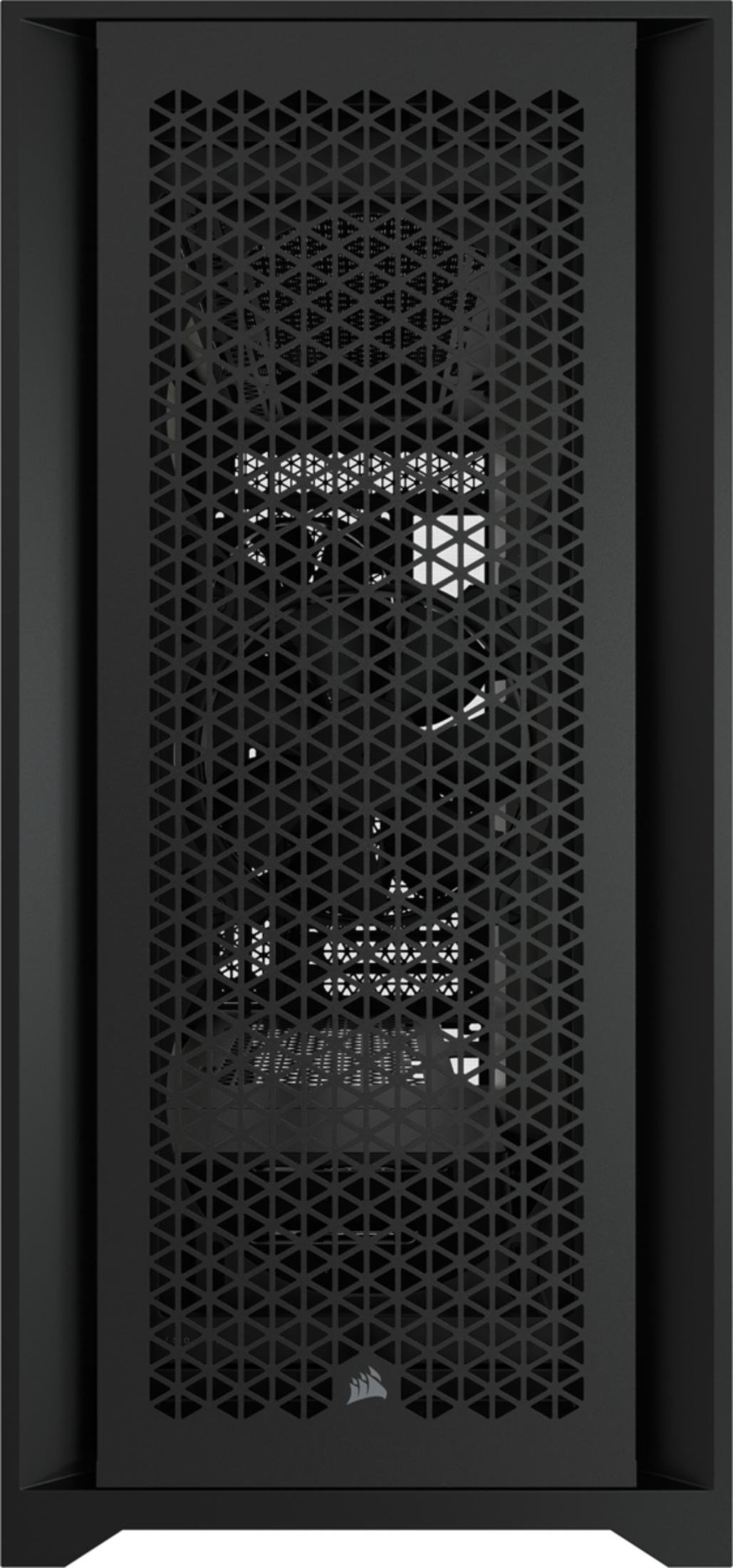 Panel lateral negro de caja de PC con patrón triangular y ventilador.