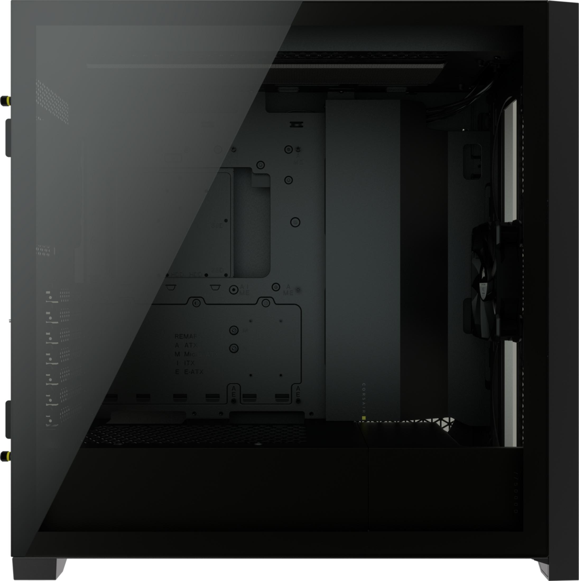 Una caja de PC negra con frente de cristal y ventiladores.