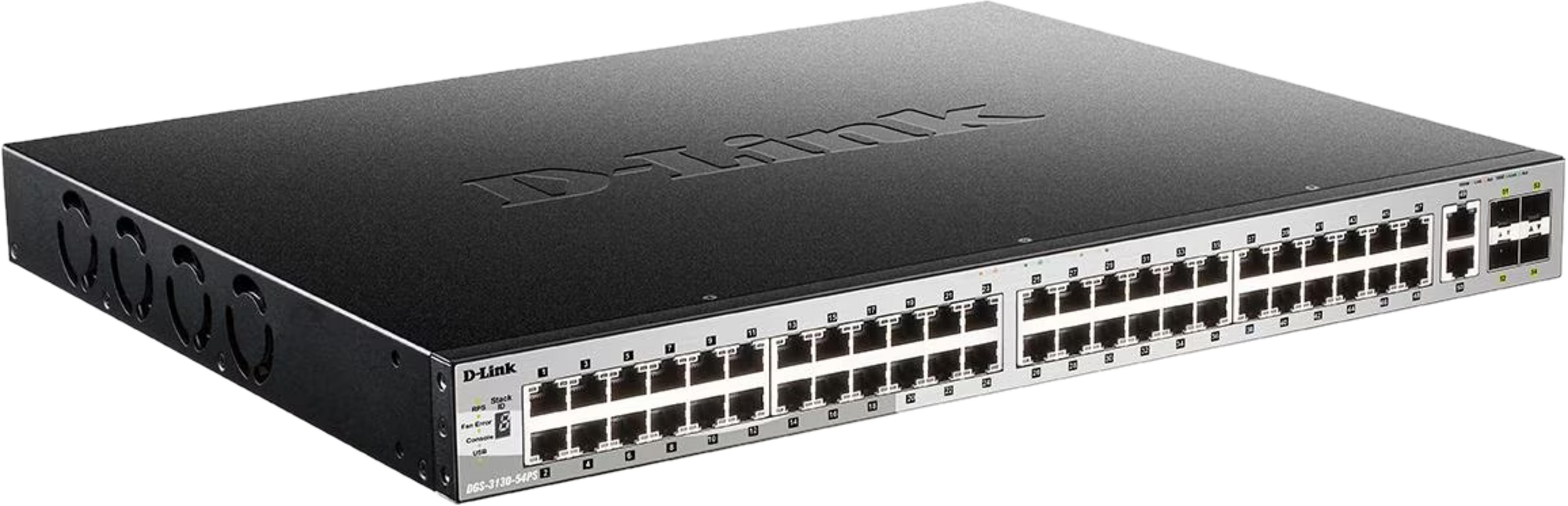 Czarny przełącznik sieciowy D-Link z wieloma portami i diodami statusu.