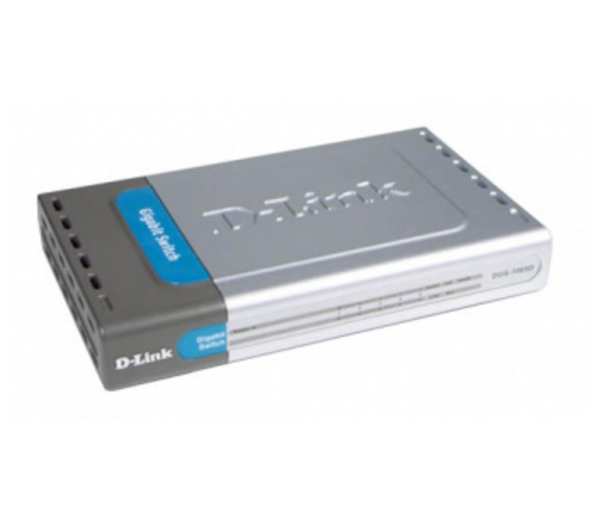 Uno switch Gigabit D-Link argentato con accenti blu e fessure di ventilazione.
