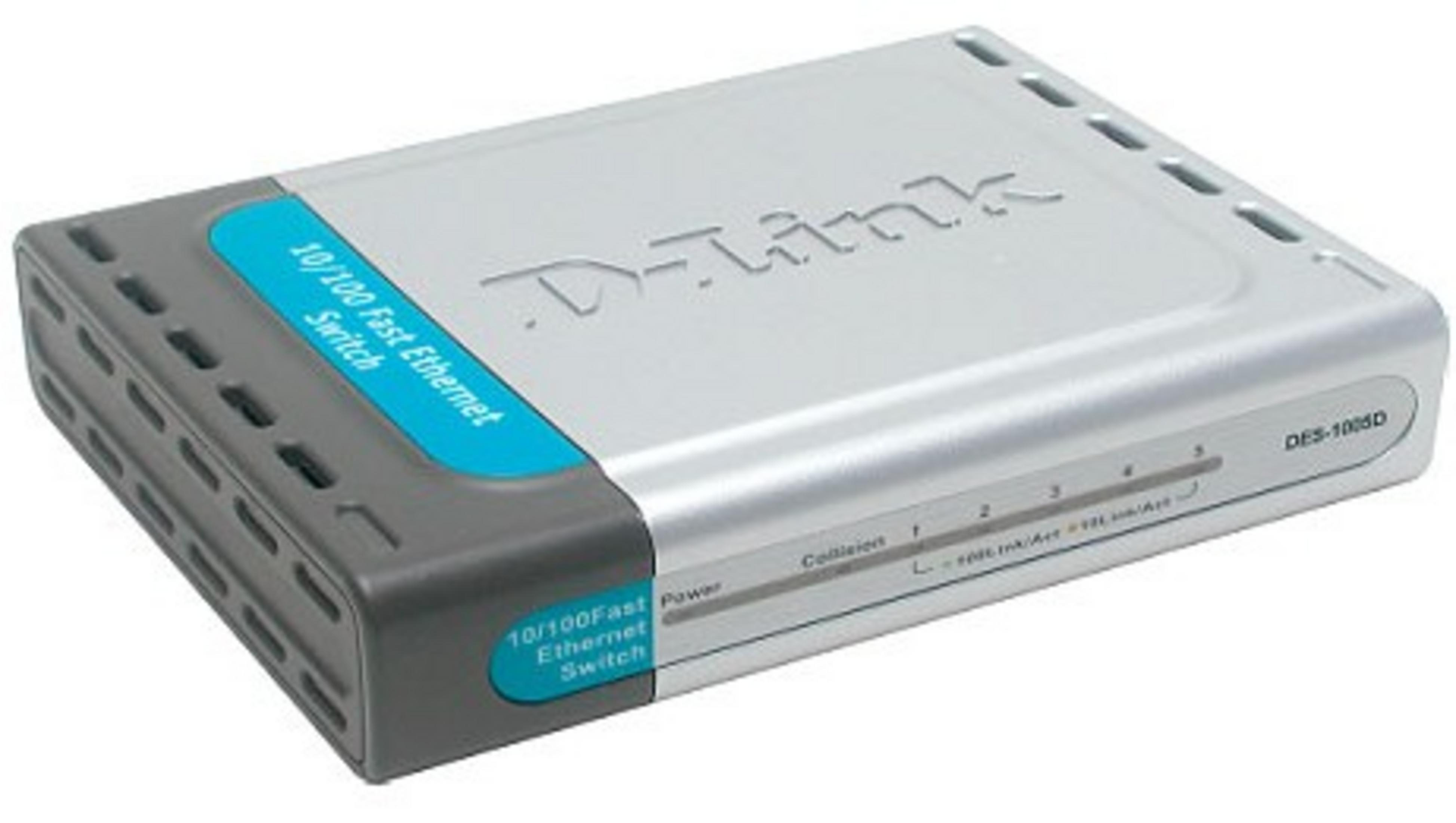 Uno switch D-Link DES-1005D Fast Ethernet a 5 porte con lati grigi e scocca argentata.