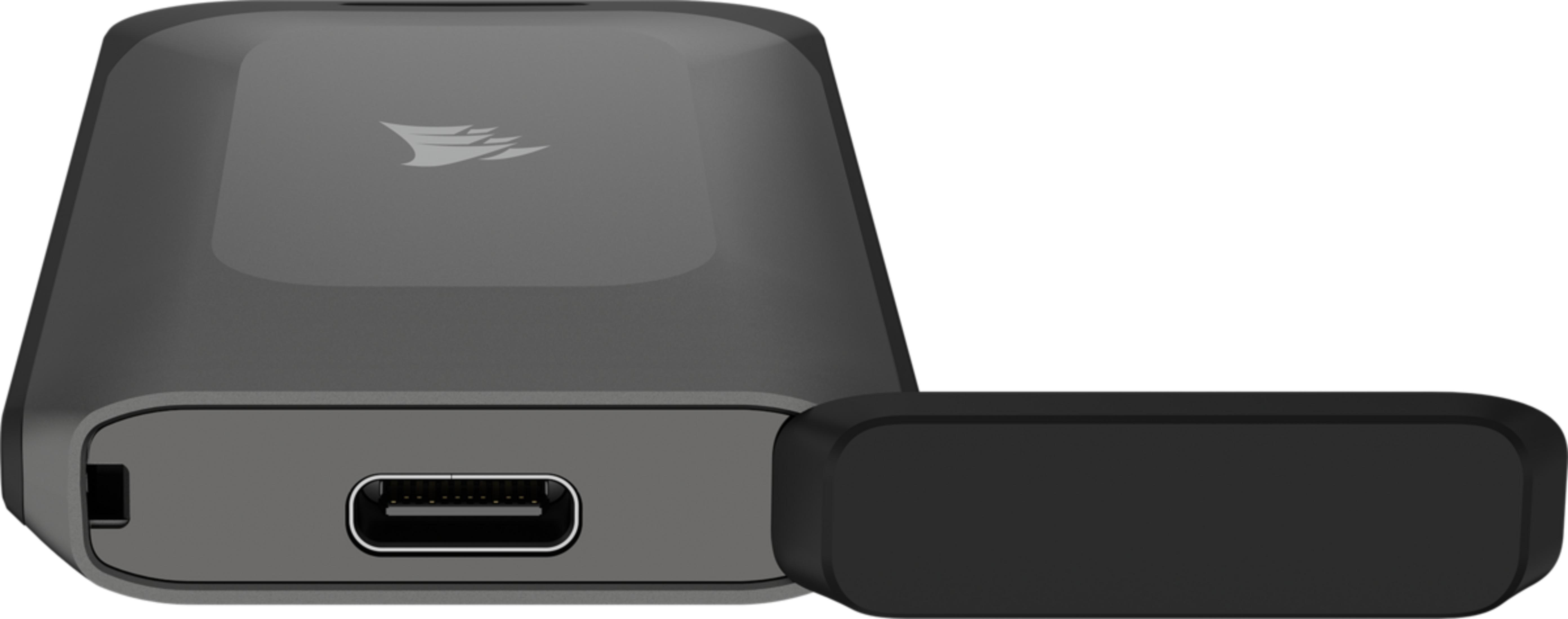 Grauer Adapter mit USB-C-Anschluss und Logo.