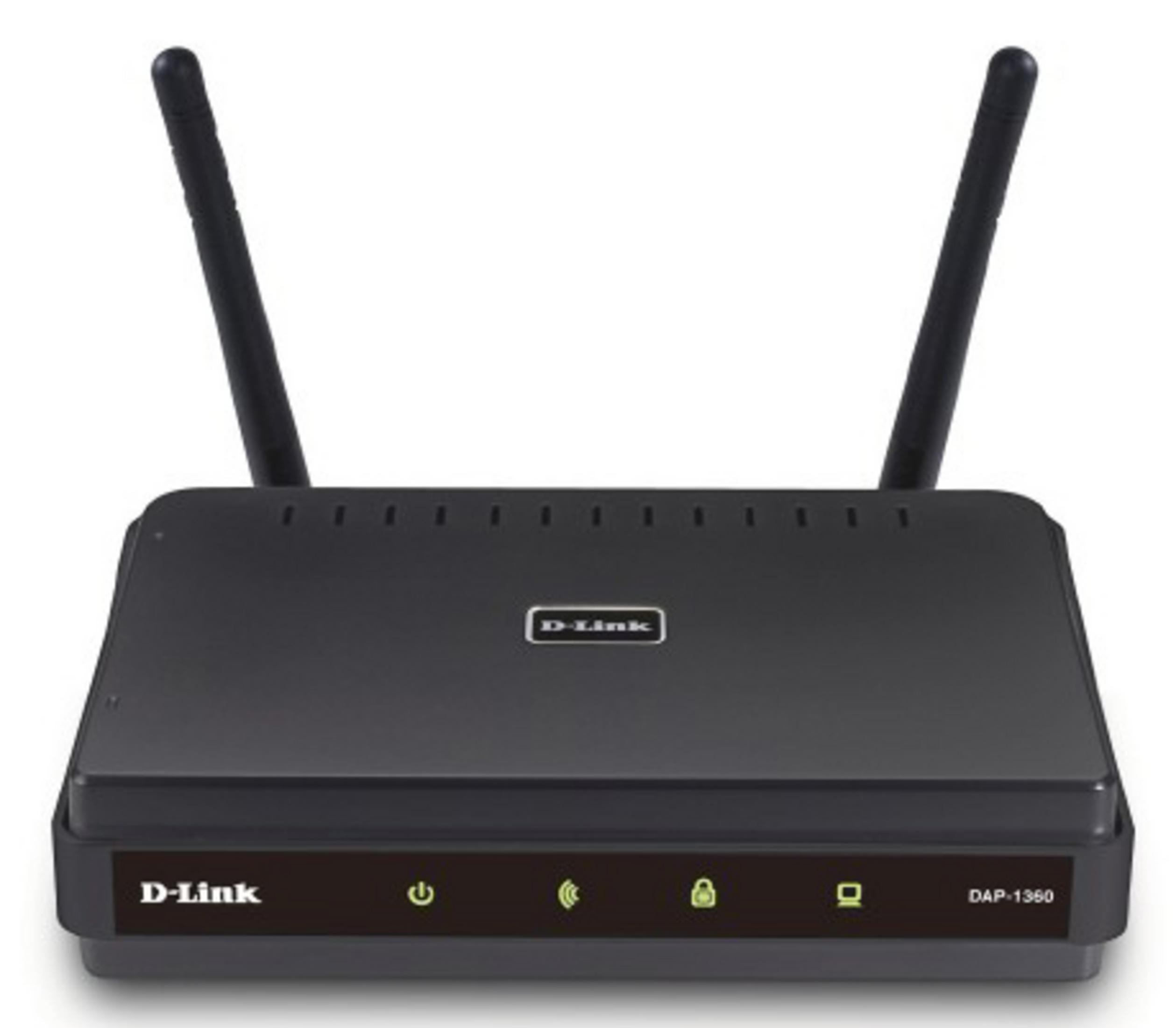 Un router Wi-Fi D-Link DAP-1360 nero con due antenne e spie luminose.