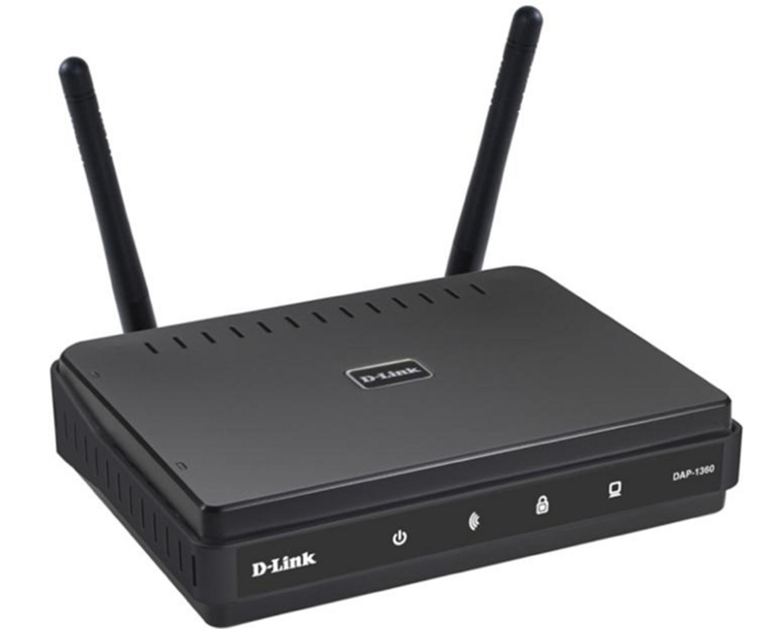 Router WiFi D-Link nero con due antenne e spie di stato.