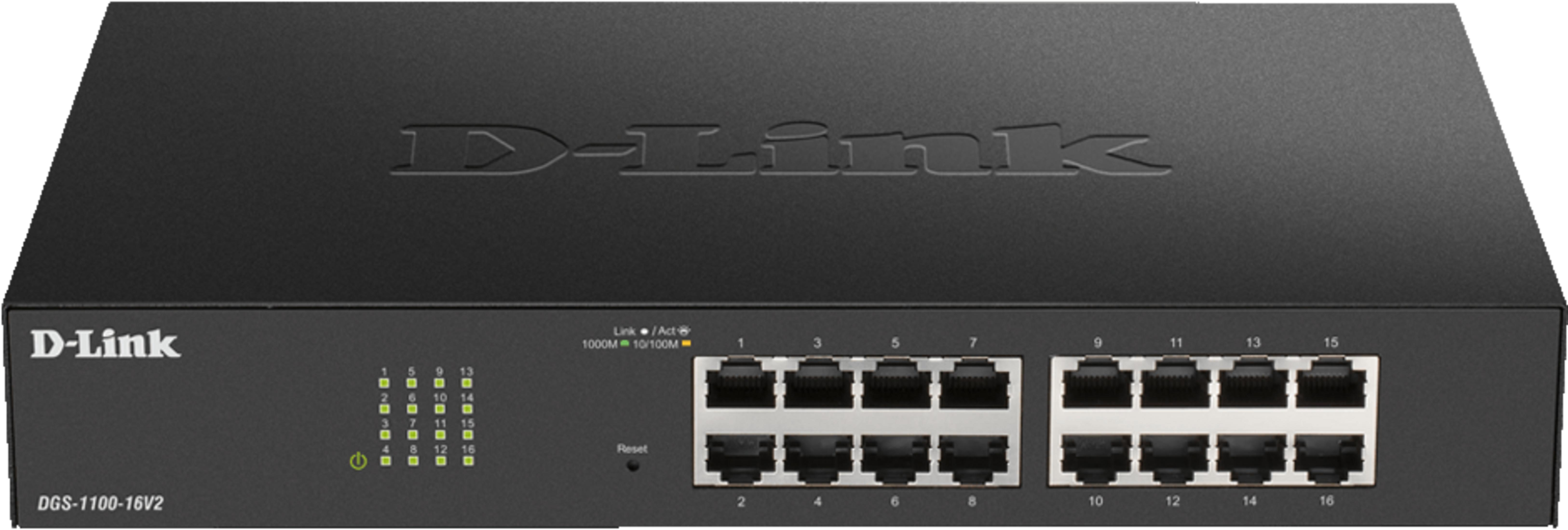 Uno switch di rete D-Link DGS-1100-16V2 nero con 16 porte e LED di stato.