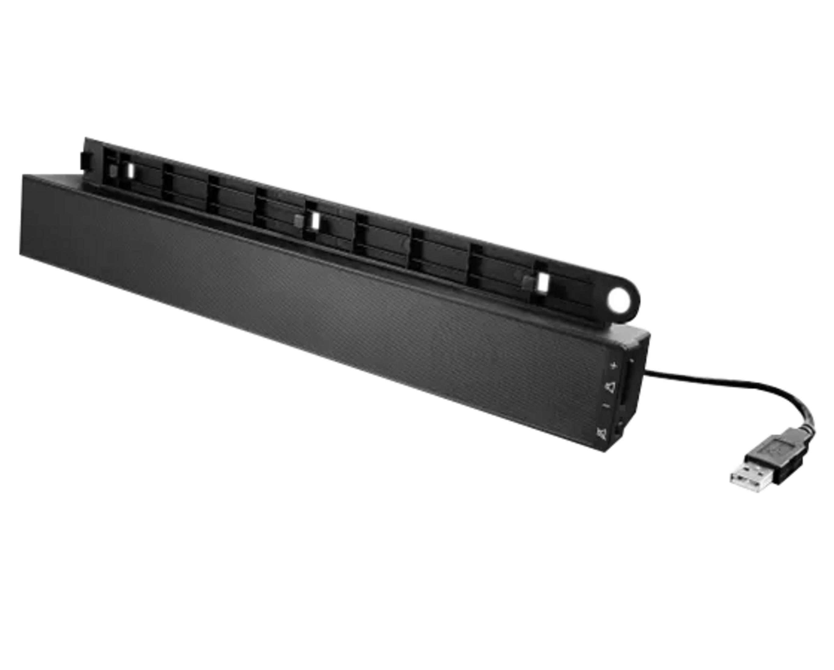 Haut-parleur noir avec câble USB et boutons de commande.