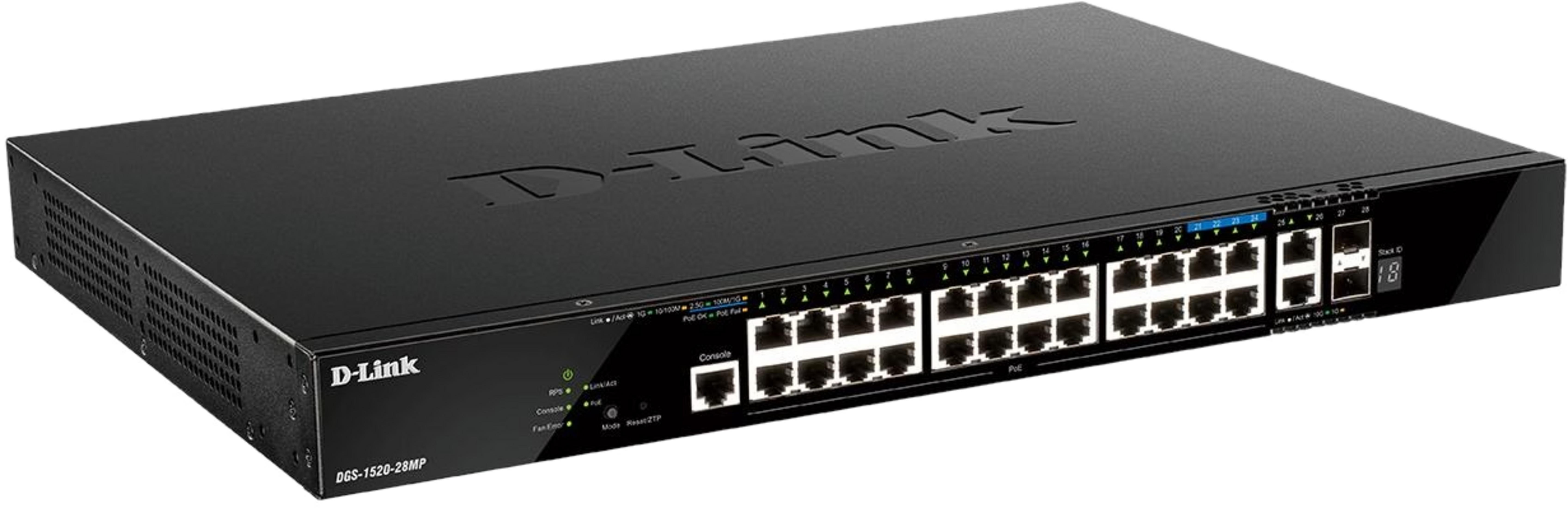 Switch di rete D-Link nero a 28 porte con LED.