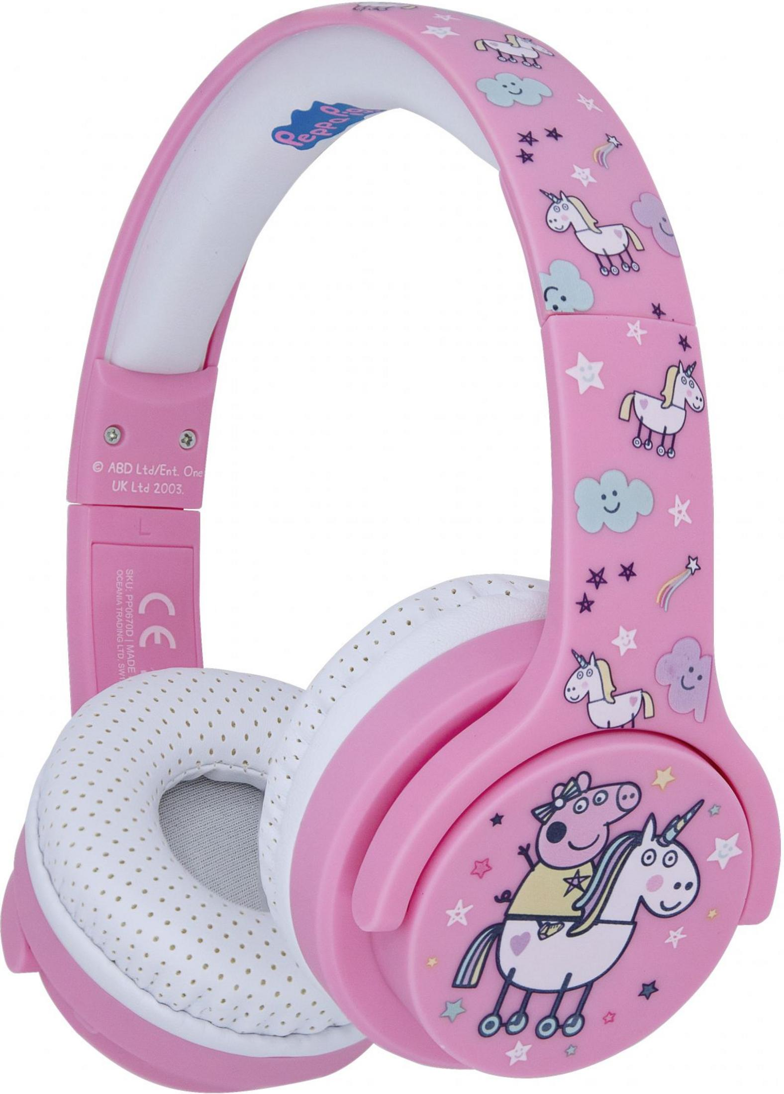 Auriculares rosas con Peppa Pig y unicornios, estrellas y nubes.
