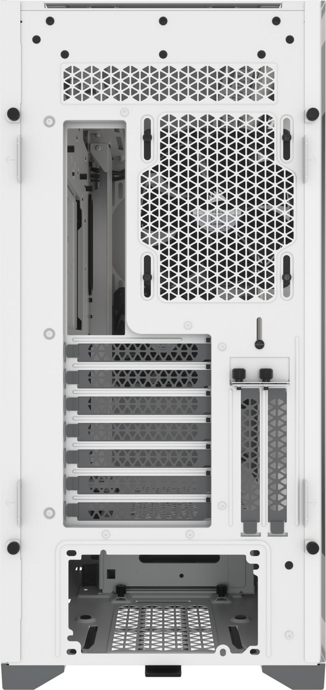 Vista posteriore di un case PC bianco con griglie di ventilazione e porte.